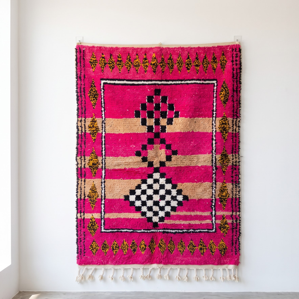 Handmade Moroccan Azilal Wool Rug – Hot Pink & Sand Checkerboard Totem Shag Rug