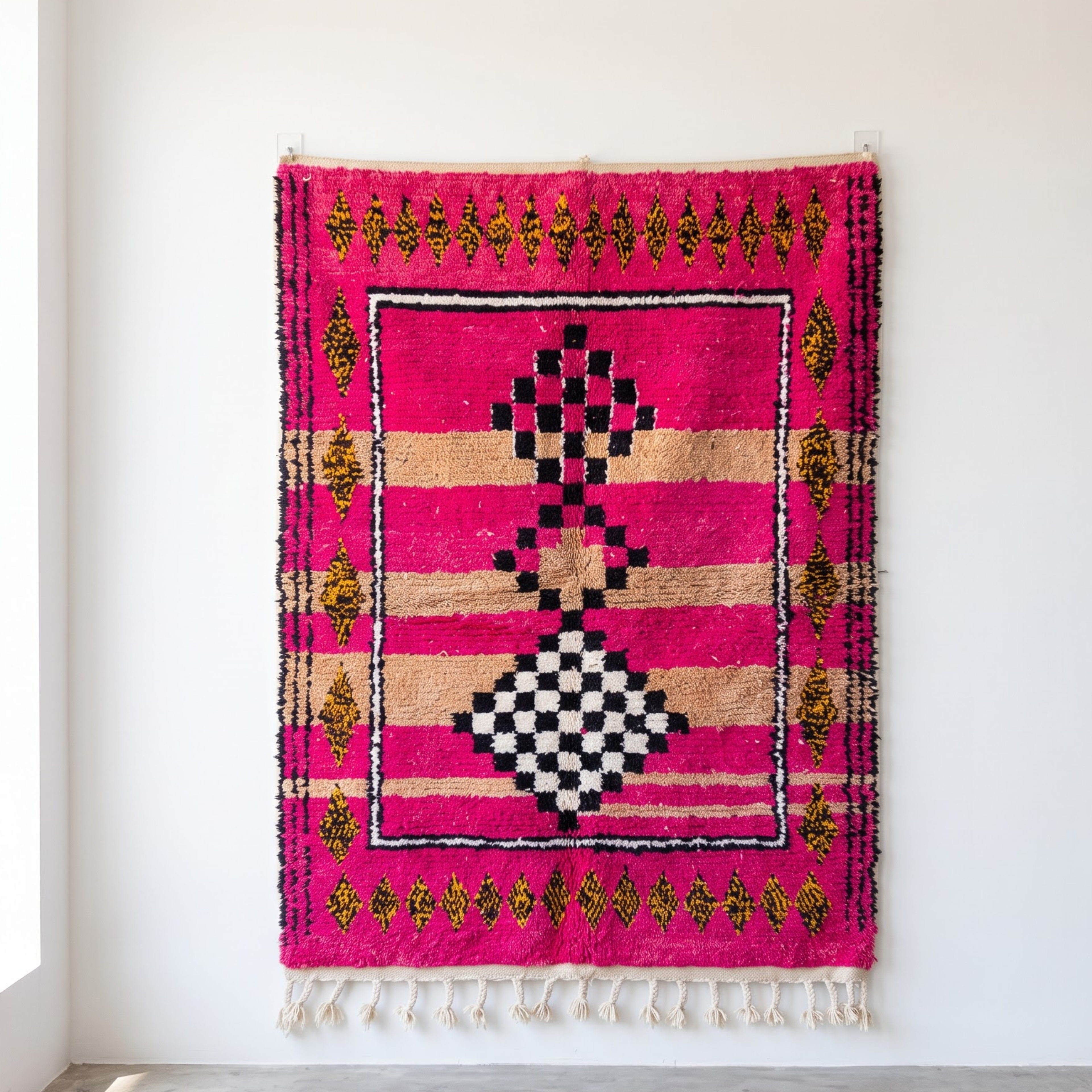 Handmade Moroccan Azilal Wool Rug – Hot Pink & Sand Checkerboard Totem Shag Rug