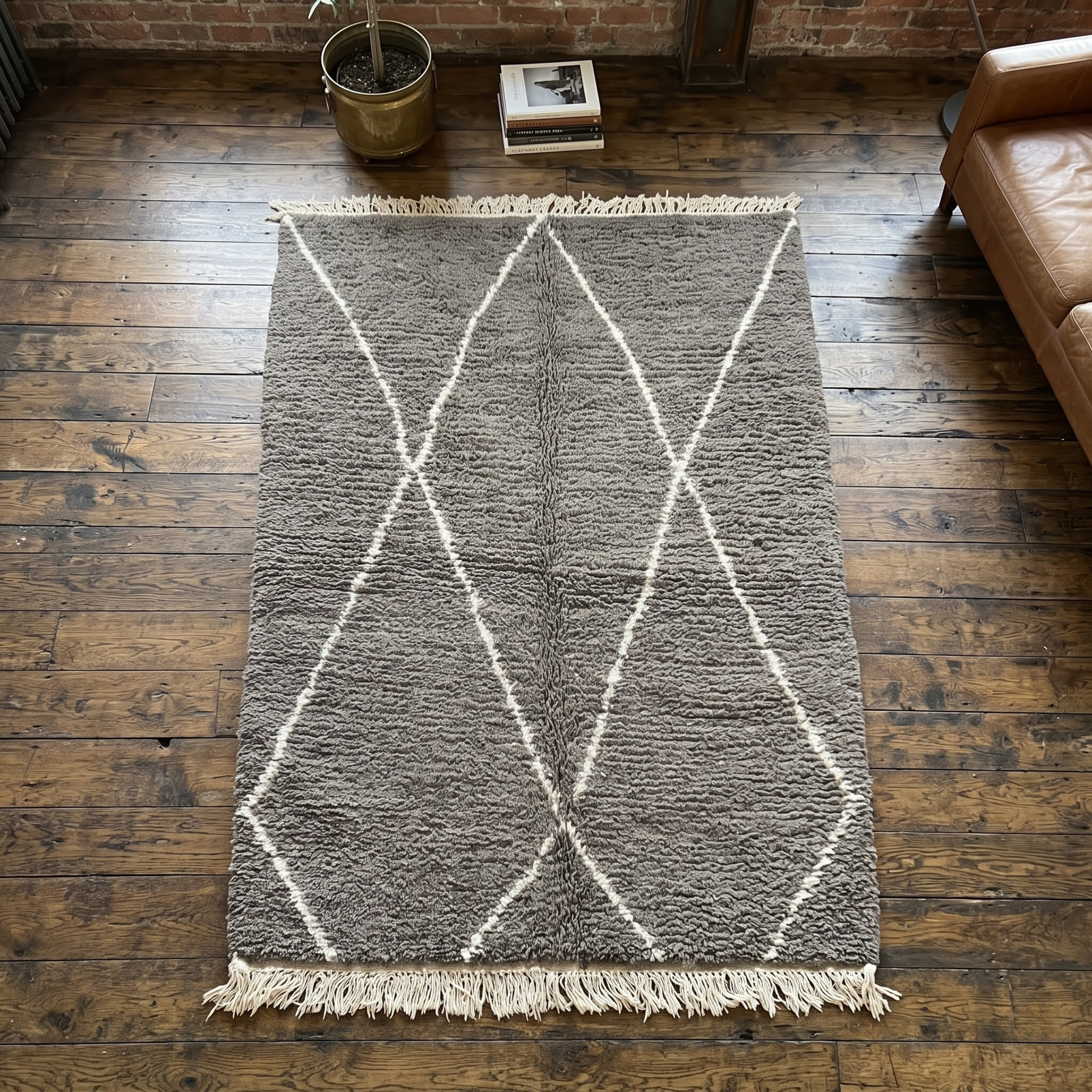 Handmade Moroccan Beni Ourain Rug – Charcoal Gray & White Diamond Shag Wool Rug
