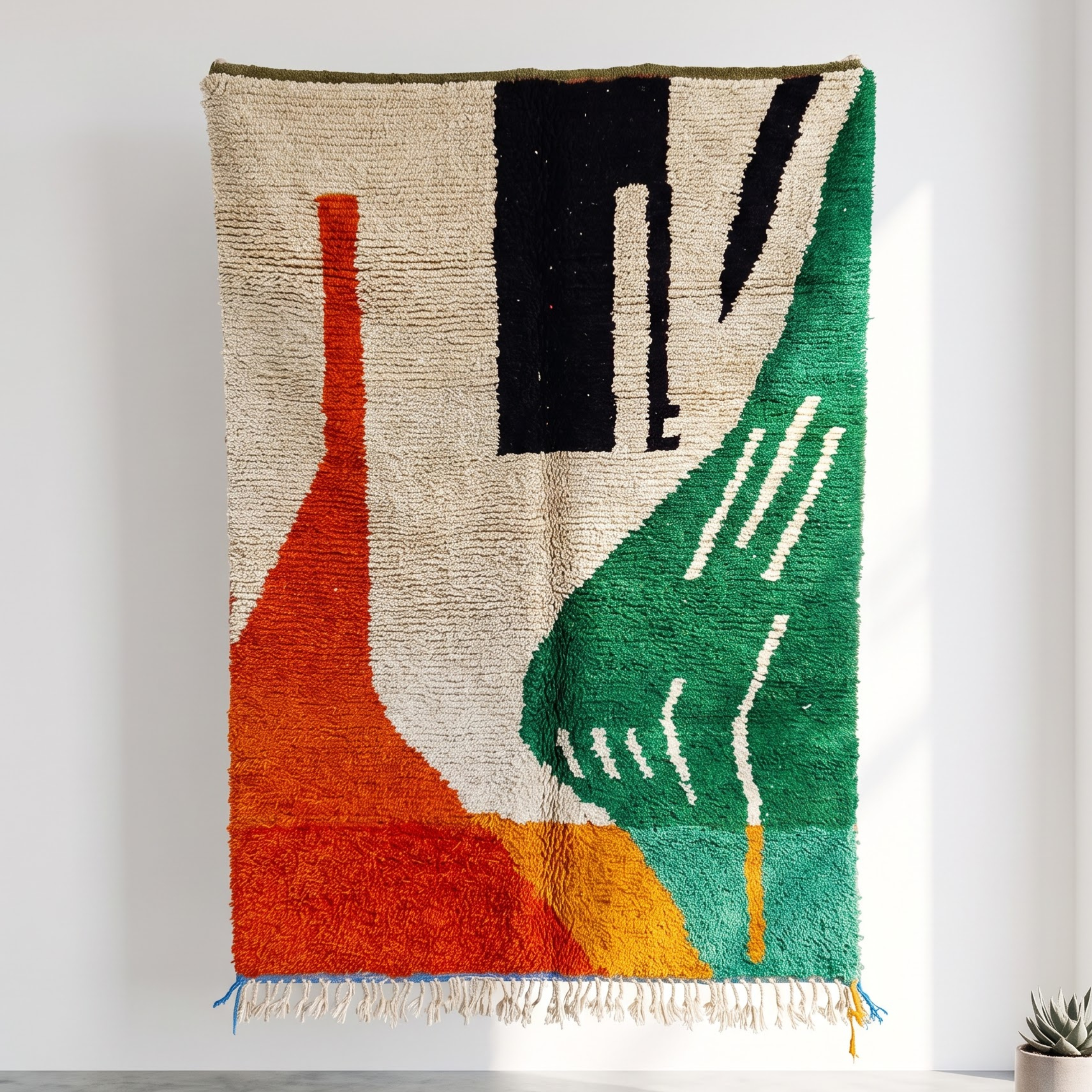 Handmade Moroccan Azilal Wool Rug – Emerald Green, Terracotta & Black Abstract Shag Rug