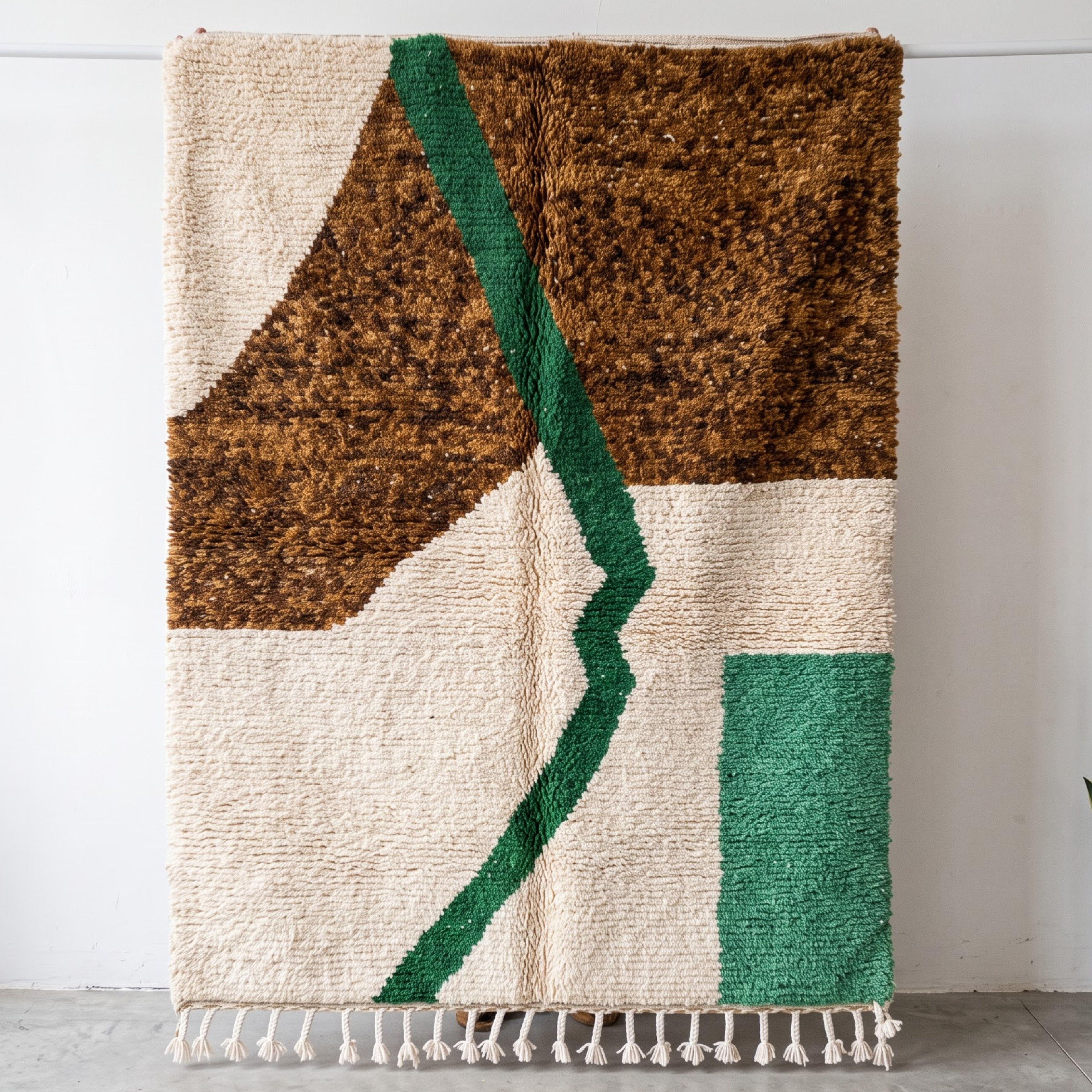 Handmade Moroccan Wool Rug – Earthy Brown, Emerald Green & Cream Abstract Shag Rug