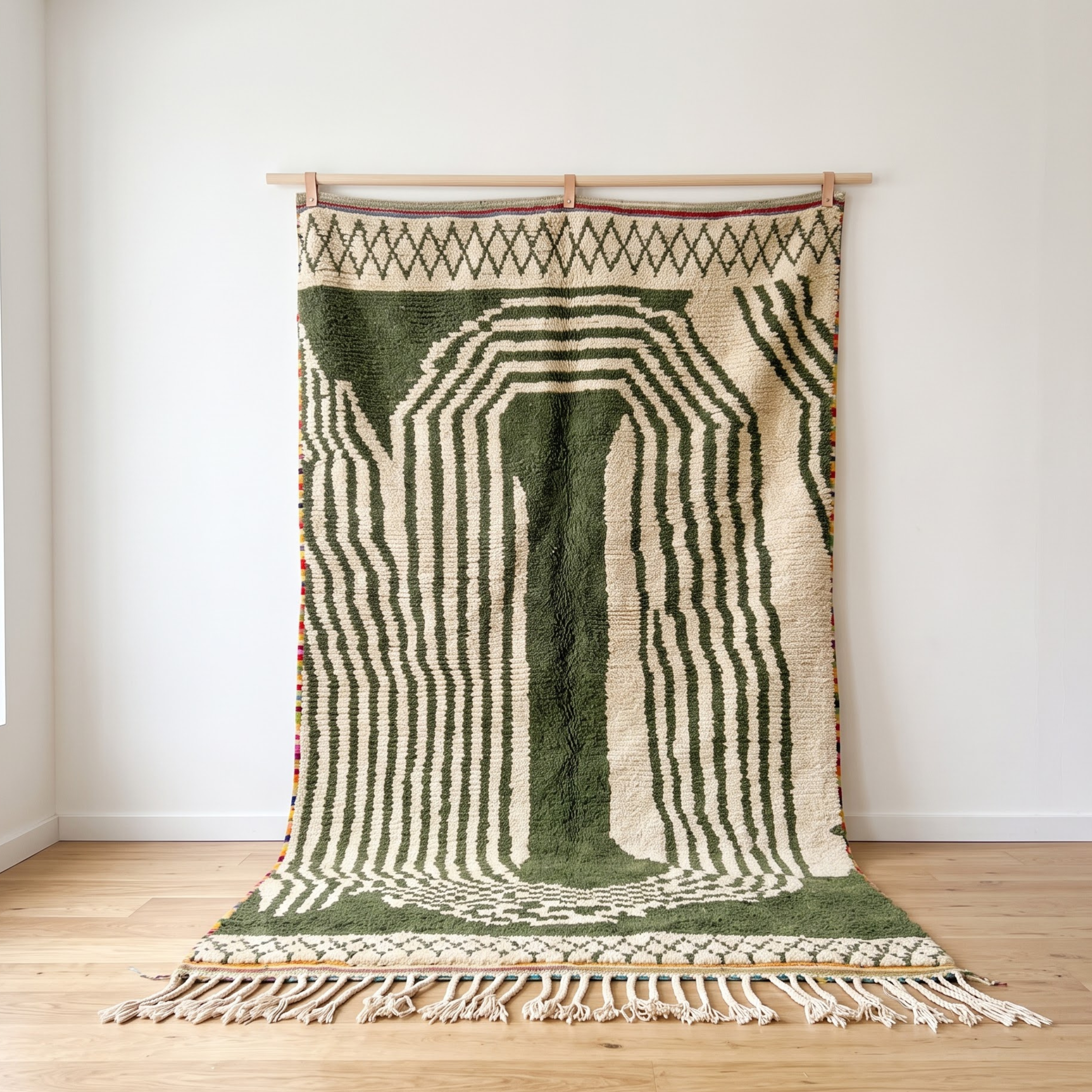 Handmade Moroccan Olive Green & Ivory Wool Rug – Architectural Arch & Wave Shag Rug