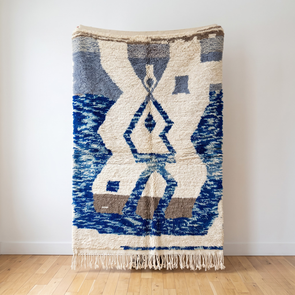 Handmade Moroccan Wool Rug – Indigo Blue & Ivory Abstract Sculptural Shag Rug