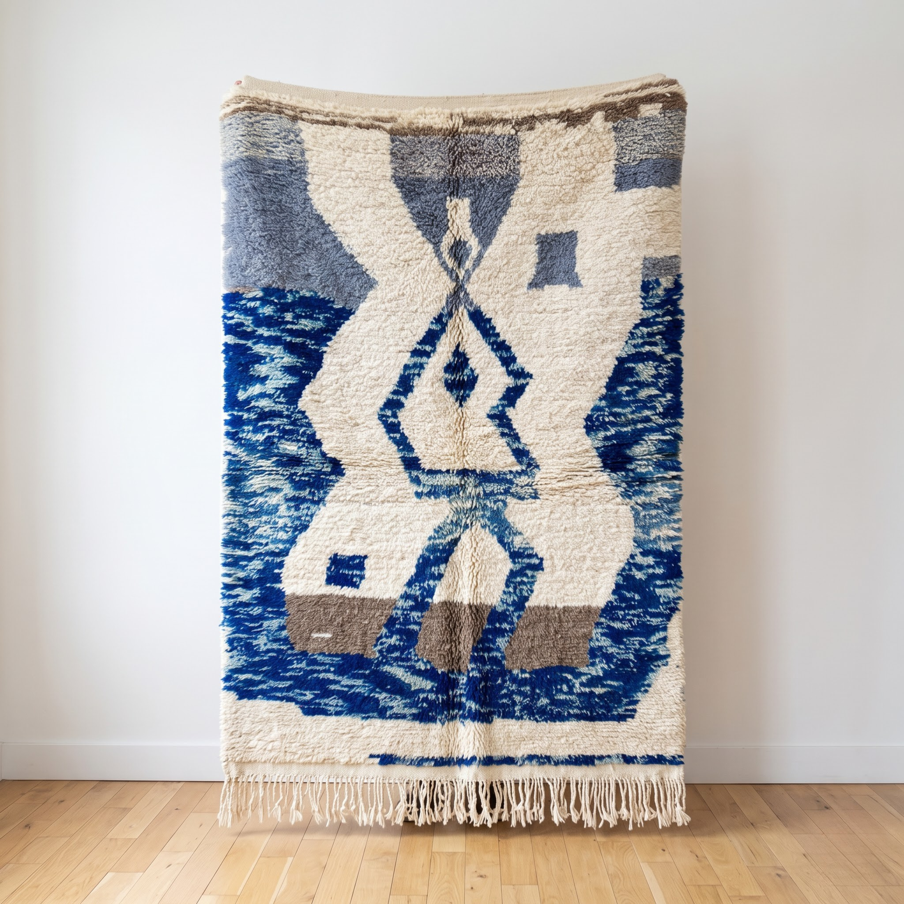 Handmade Moroccan Wool Rug – Indigo Blue & Ivory Abstract Sculptural Shag Rug