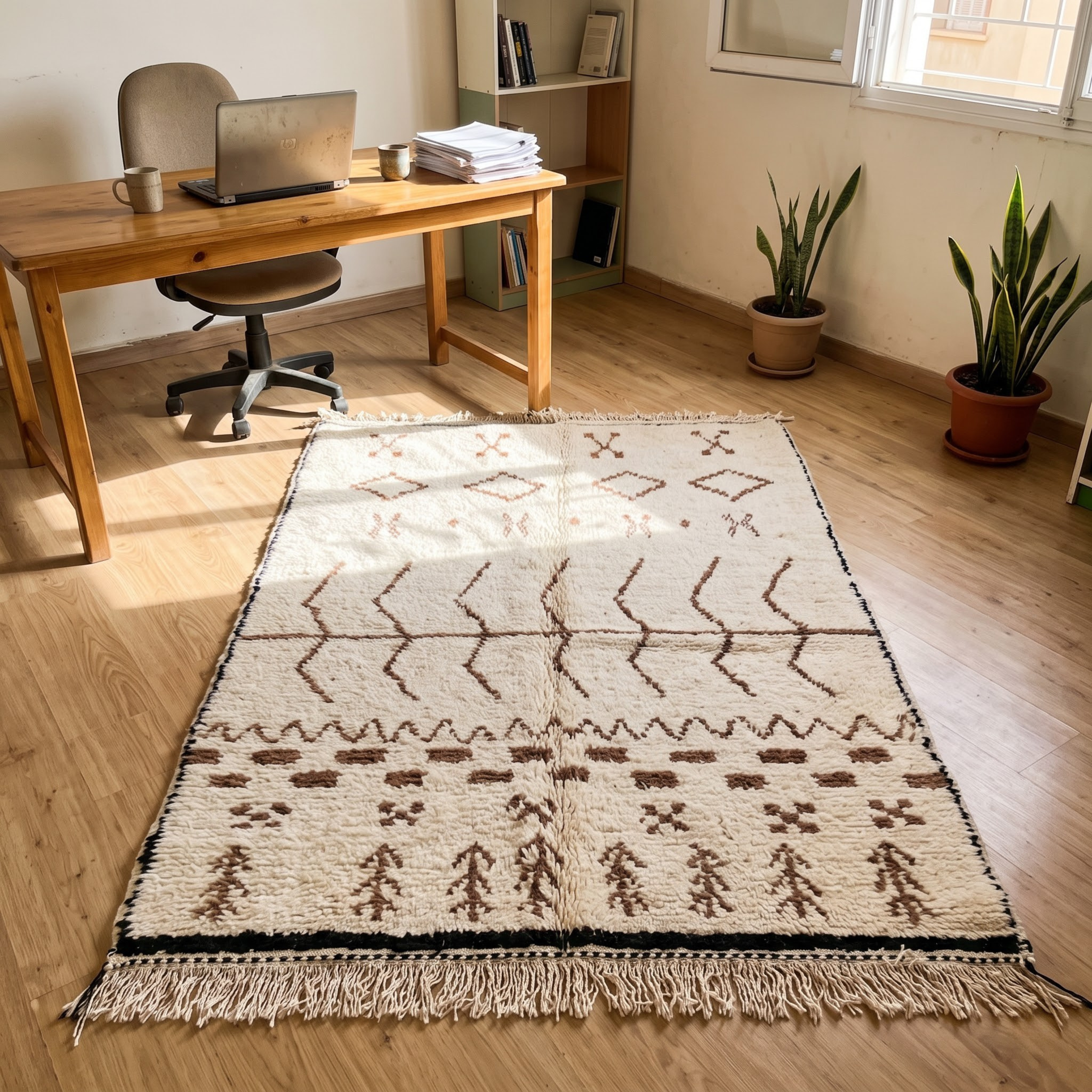 Handmade Moroccan Beni Ourain Wool Rug – Ivory Shag with Brown Tribal Talismans