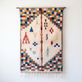Handmade Moroccan Azilal Wool Rug – Cream Shag with Multicolor Pixel Checkerboard