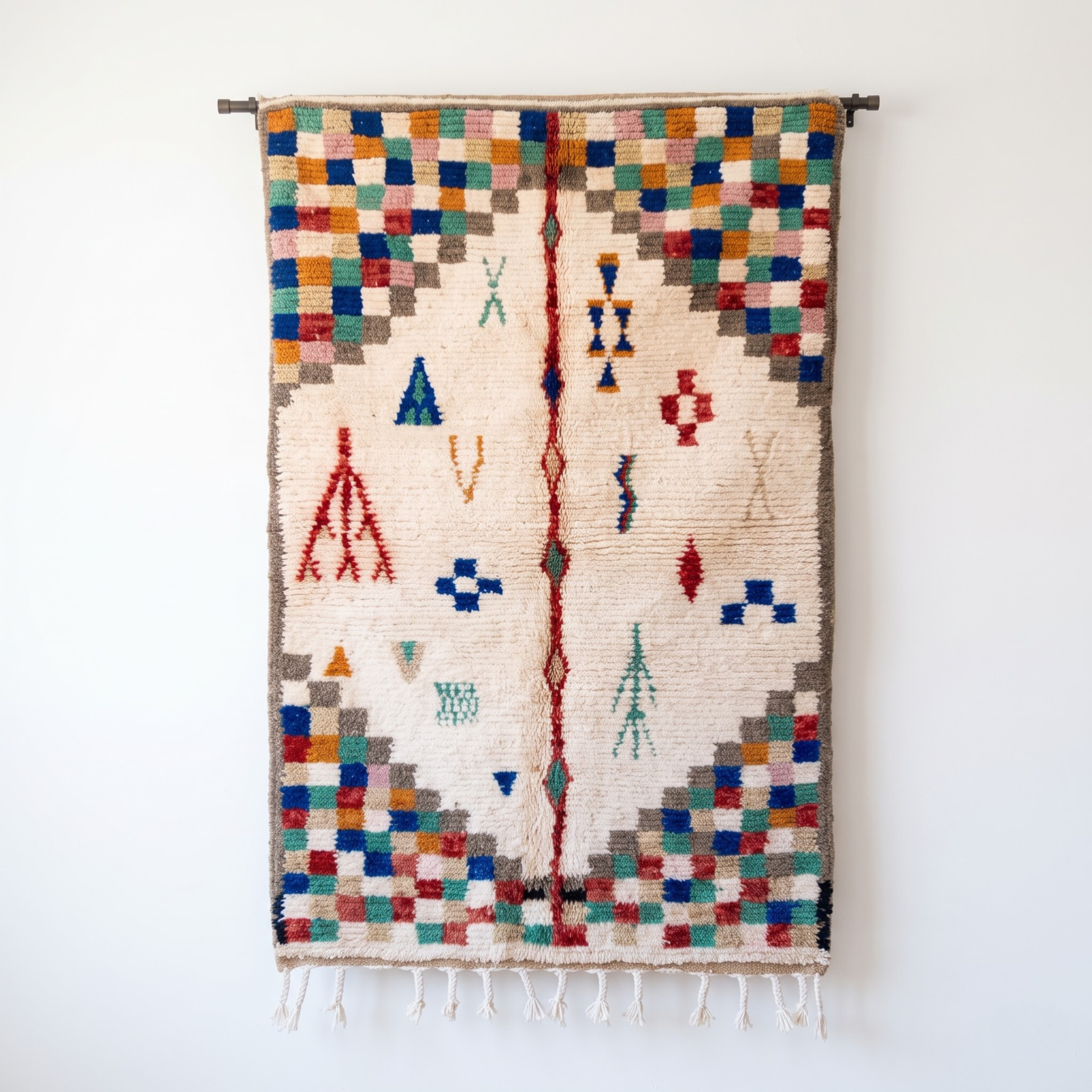 Handmade Moroccan Azilal Wool Rug – Cream Shag with Multicolor Pixel Checkerboard