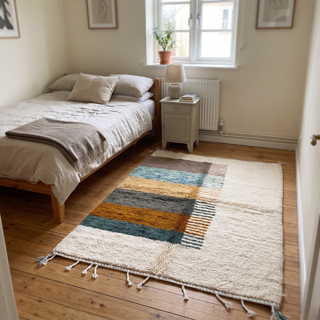 Hand-Knotted Moroccan Area Rug in Natural Cream with Striped Earth Panel
