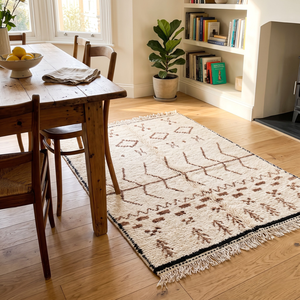 Handmade Moroccan Beni Ourain Wool Rug – Ivory Shag with Brown Tribal Talismans