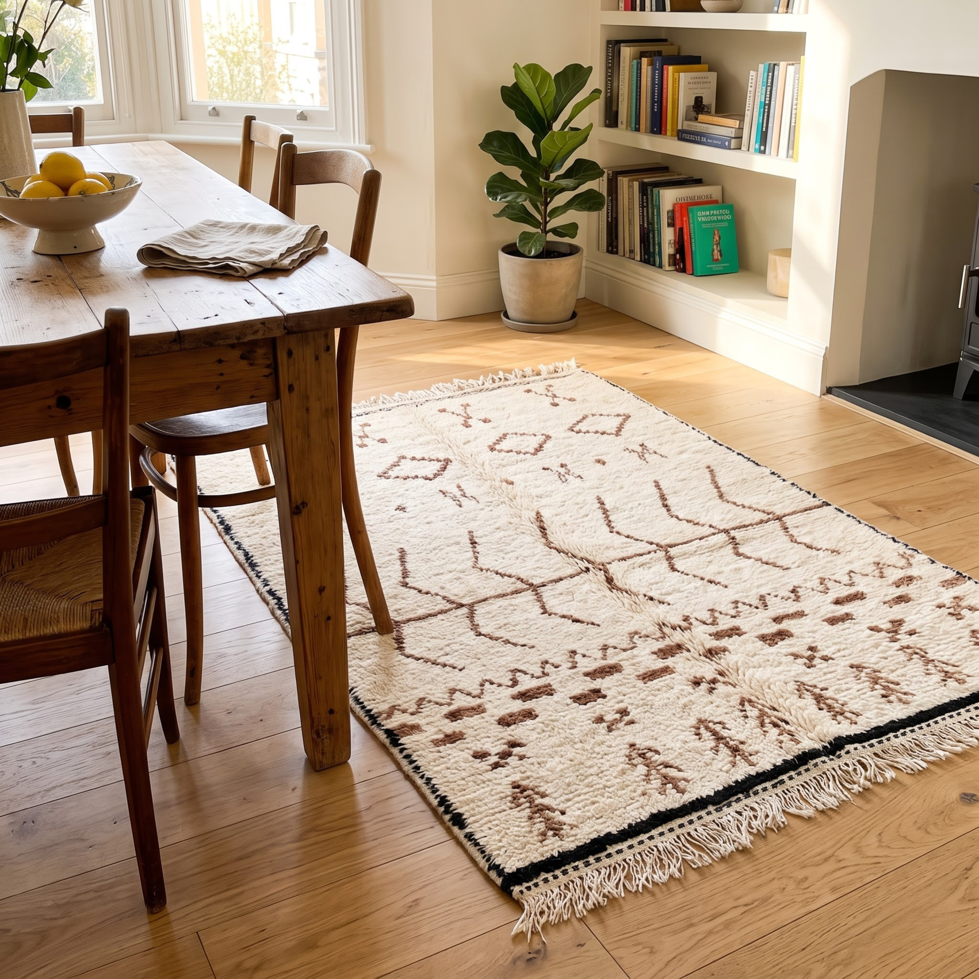 Handmade Moroccan Beni Ourain Wool Rug – Ivory Shag with Brown Tribal Talismans