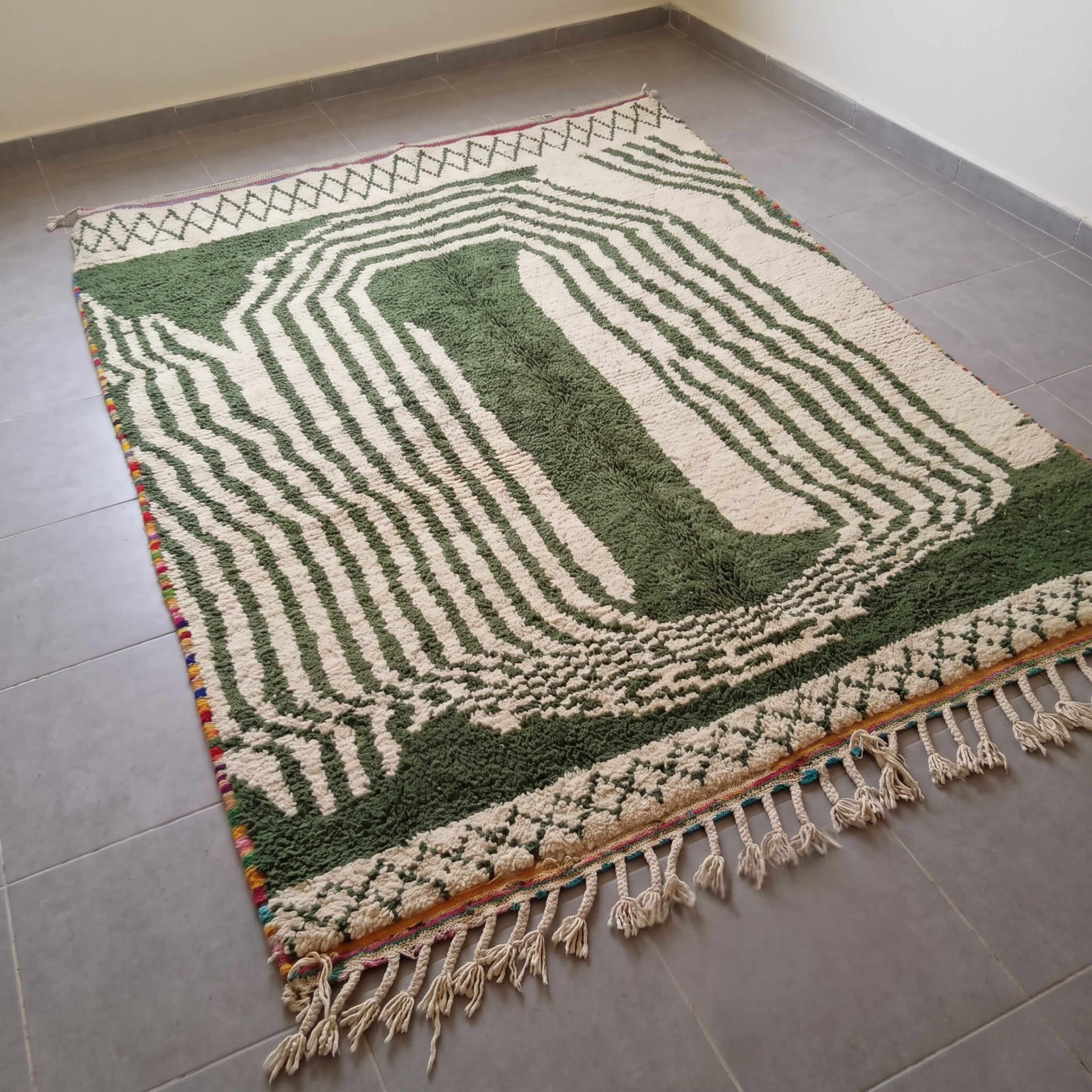 Handmade Moroccan Olive Green & Ivory Wool Rug – Architectural Arch & Wave Shag Rug