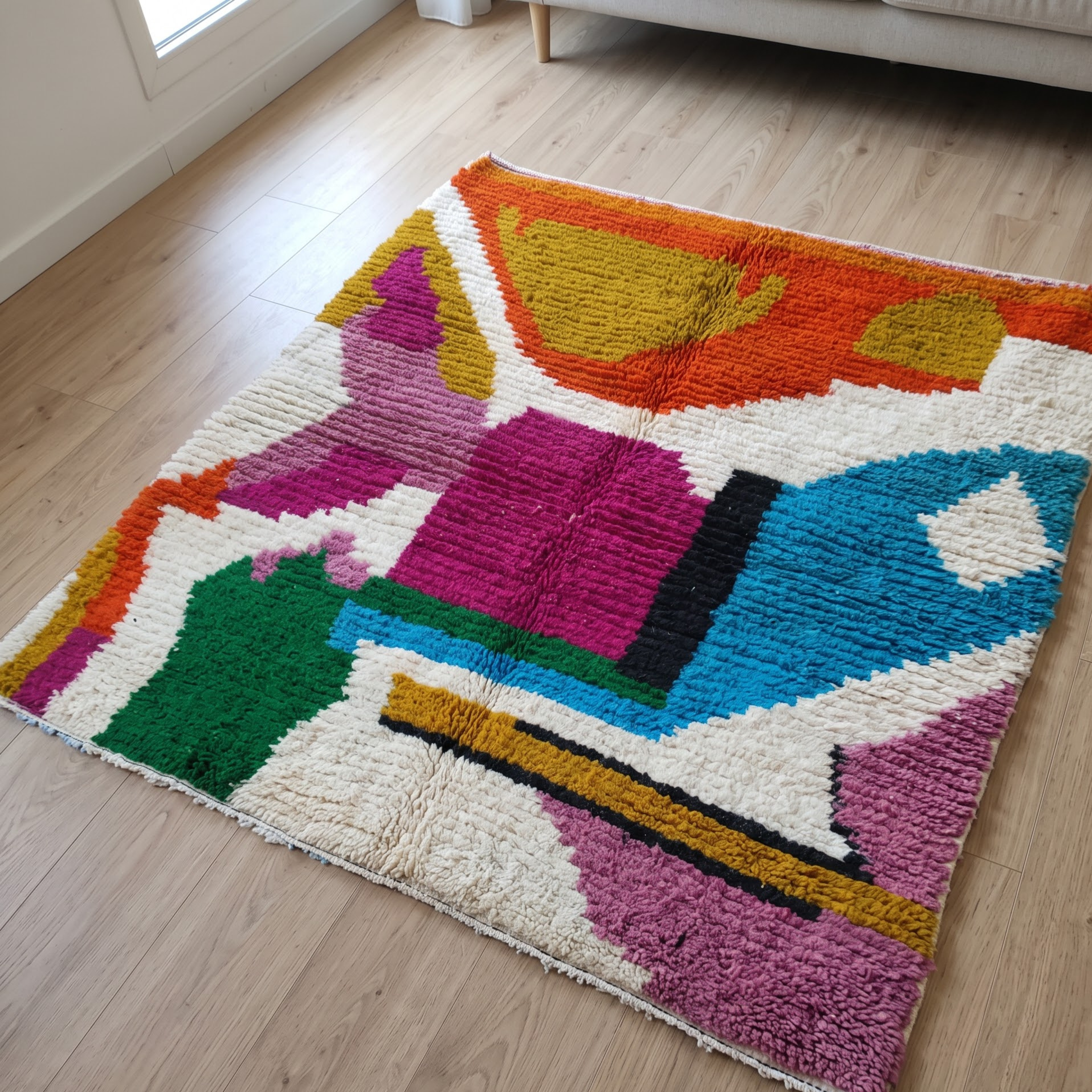 Handmade Moroccan Azilal Wool Rug – Vibrant Abstract Modernist Shag Rug