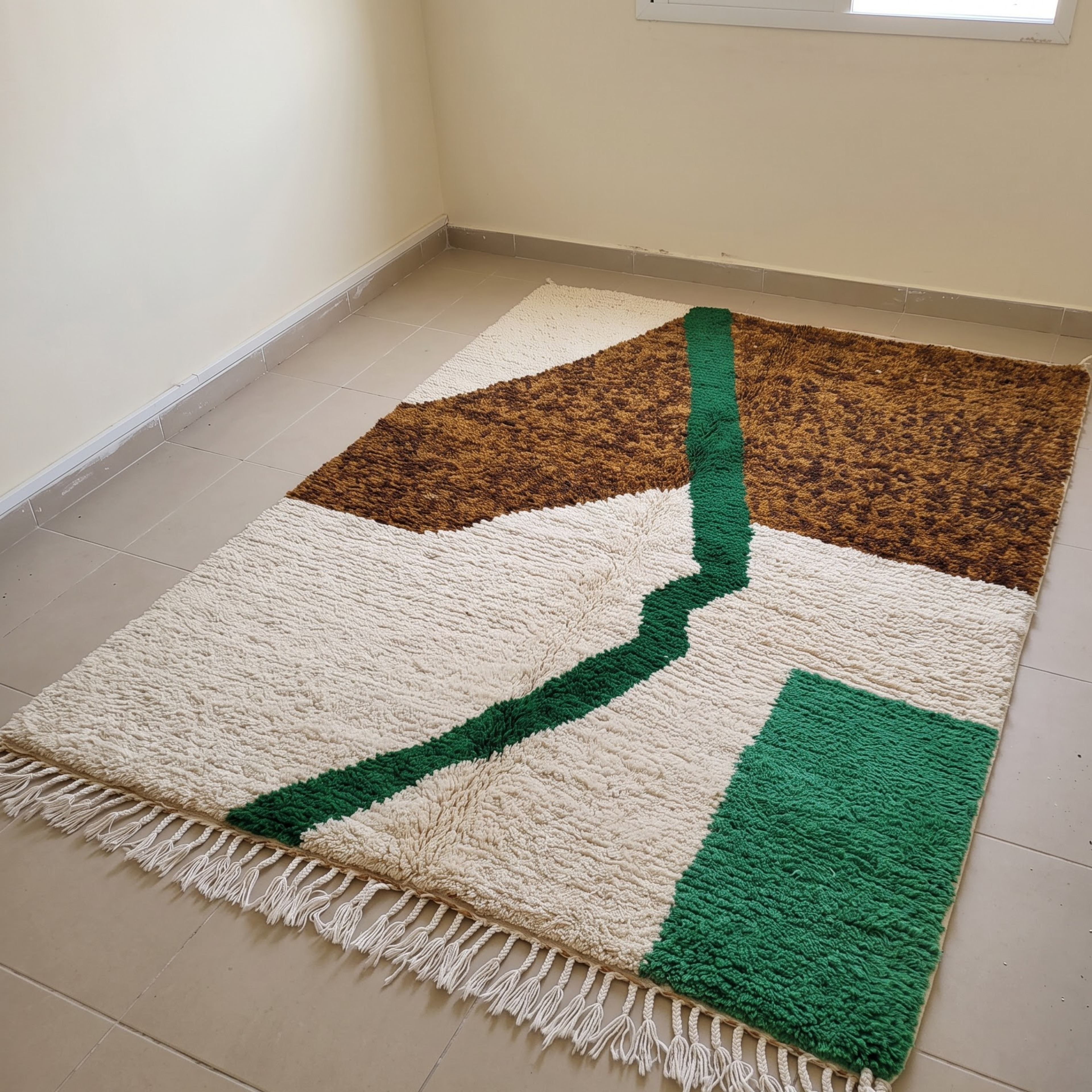 Handmade Moroccan Wool Rug – Earthy Brown, Emerald Green & Cream Abstract Shag Rug