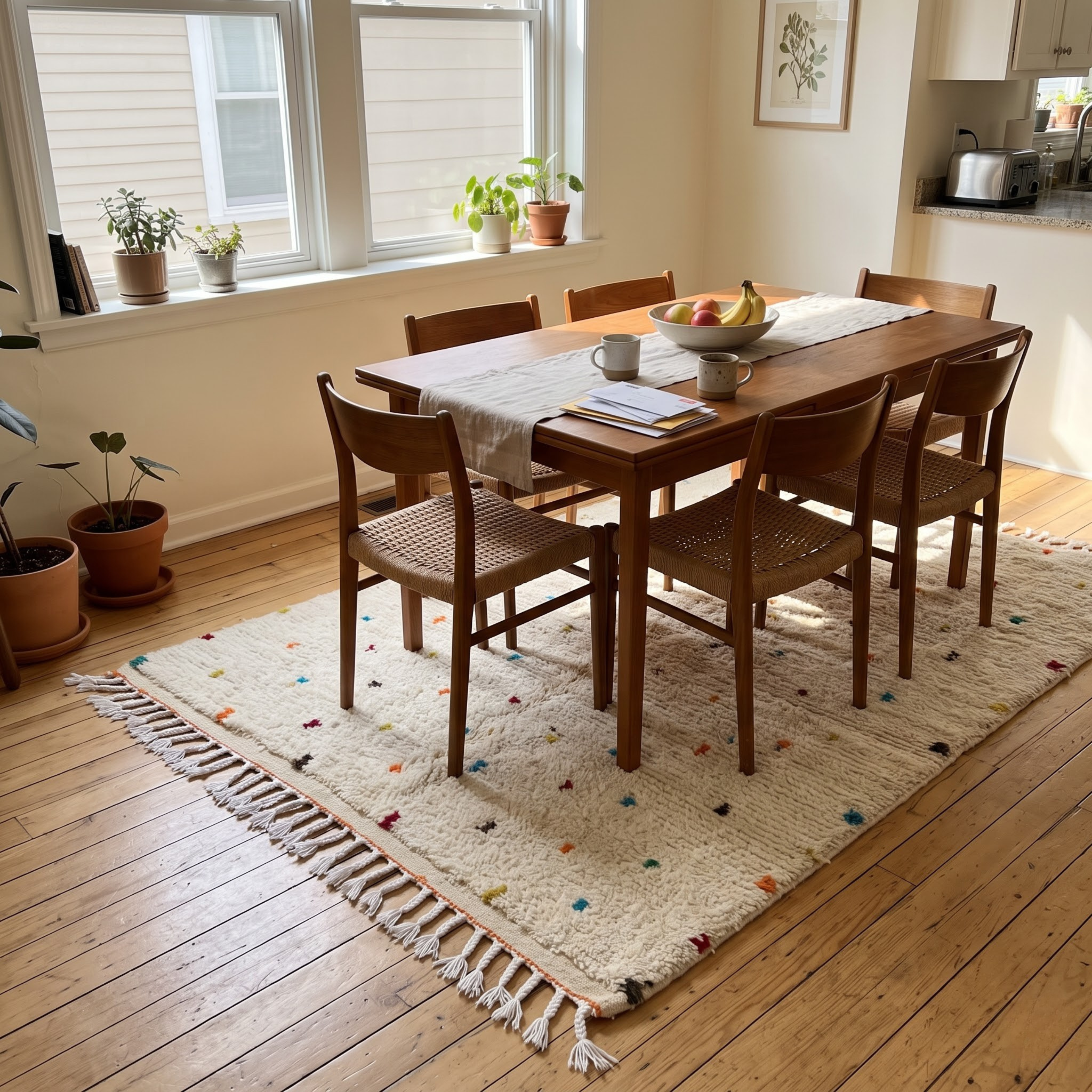 Handmade Moroccan Beni Ourain Wool Rug – Ivory Shag with Multicolor Confetti Polka Dots