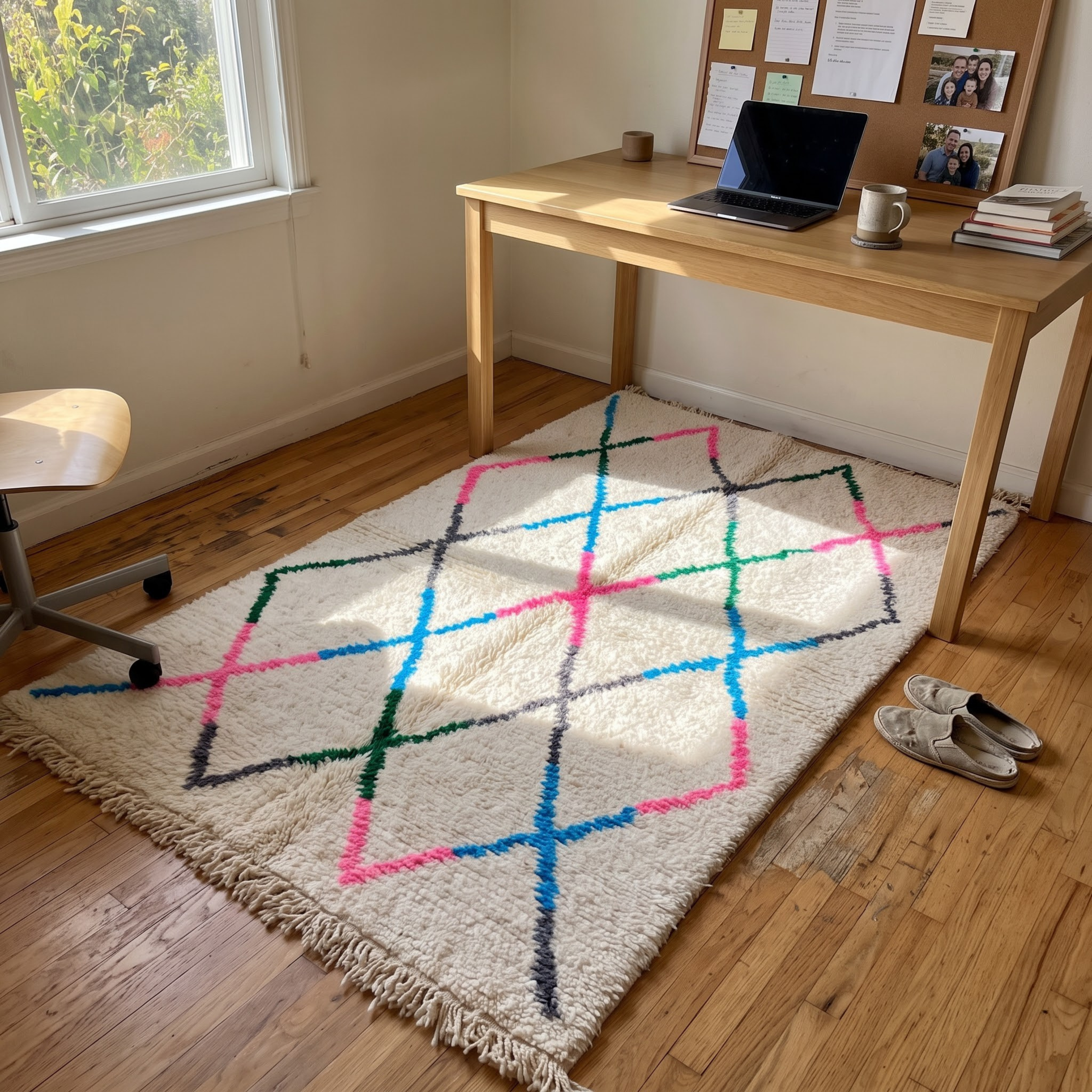 Handmade Moroccan Beni Ourain Wool Rug – Ivory Shag with Multicolor Diamond Trellis