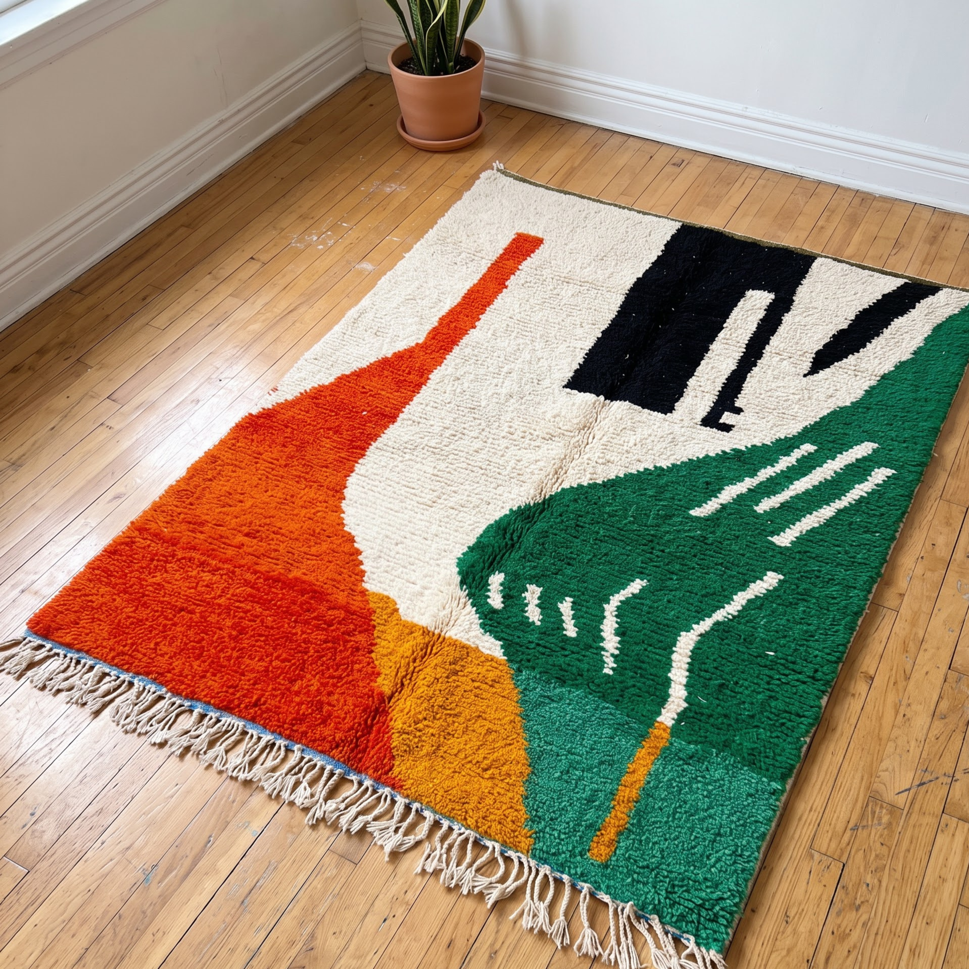 Handmade Moroccan Azilal Wool Rug – Emerald Green, Terracotta & Black Abstract Shag Rug