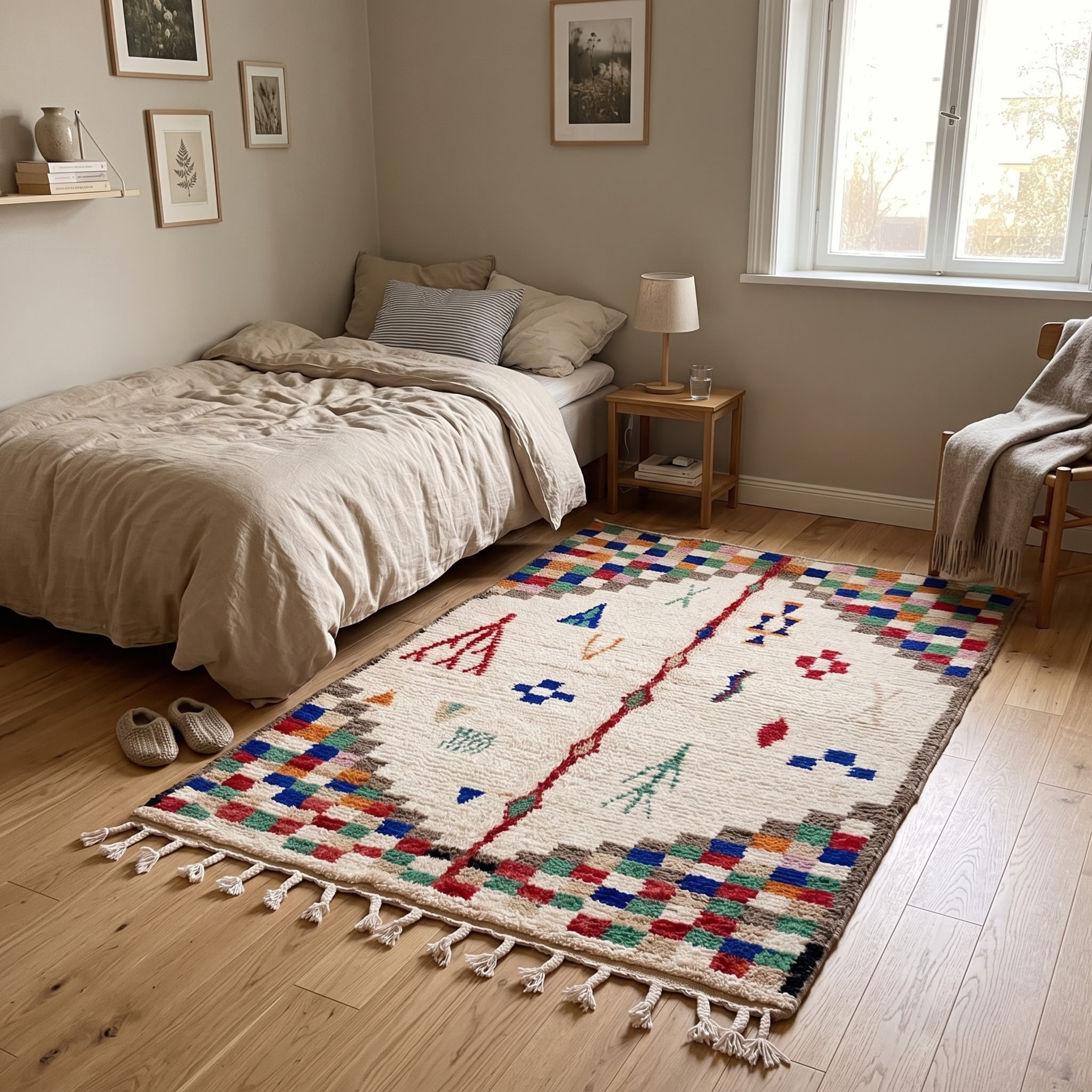 Handmade Moroccan Azilal Wool Rug – Cream Shag with Multicolor Pixel Checkerboard
