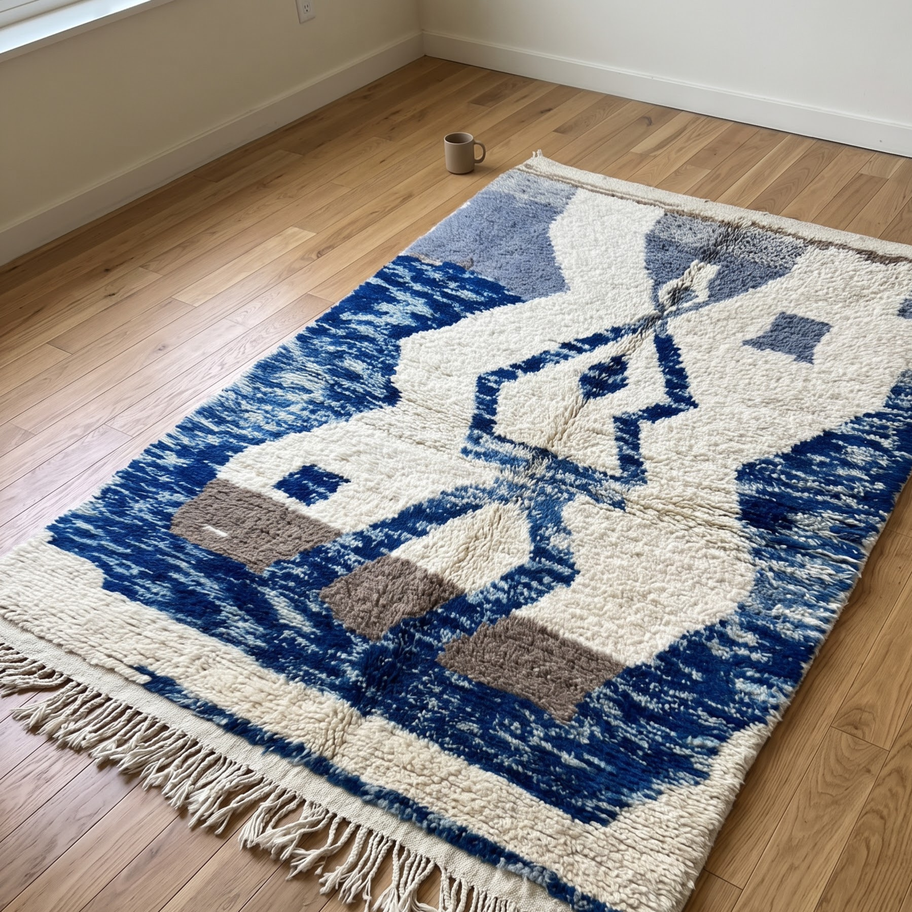 Handmade Moroccan Wool Rug – Indigo Blue & Ivory Abstract Sculptural Shag Rug