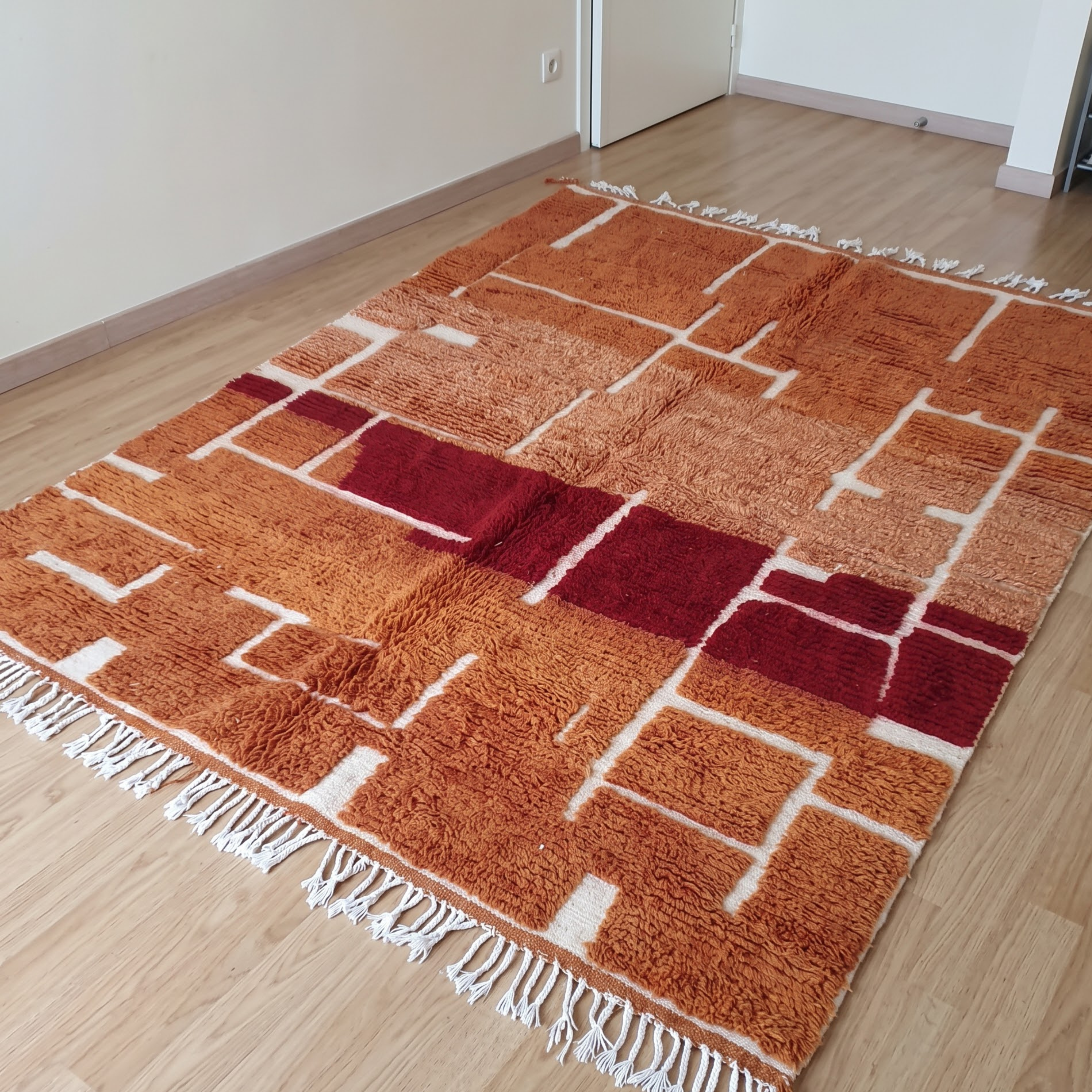 Handmade Moroccan Wool Rug – Terracotta, Ochre & Brick Red Geometric Block Shag Rug