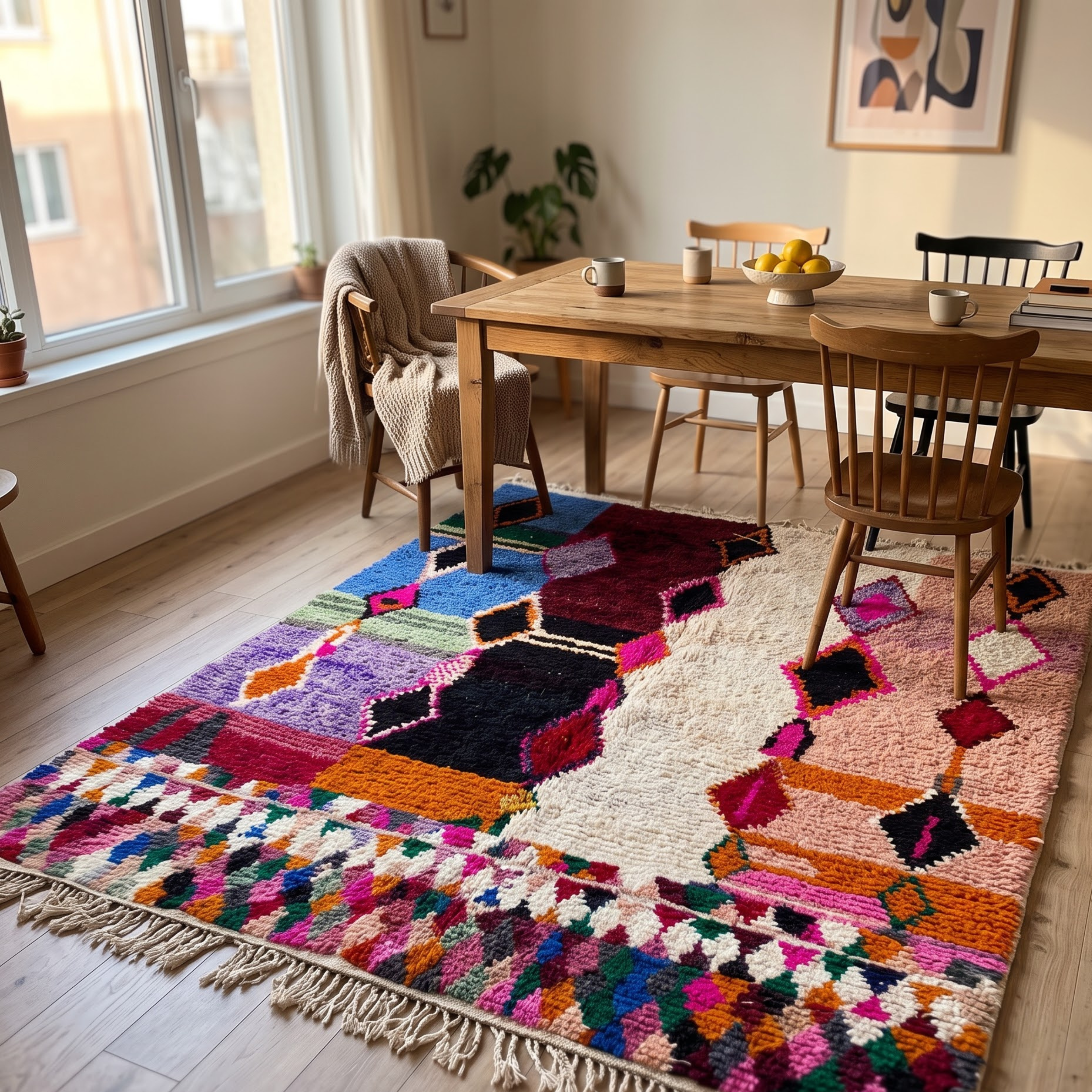 Handmade Moroccan Azilal Wool Rug – Pastel & Jewel Tone Color-Block Shag Rug
