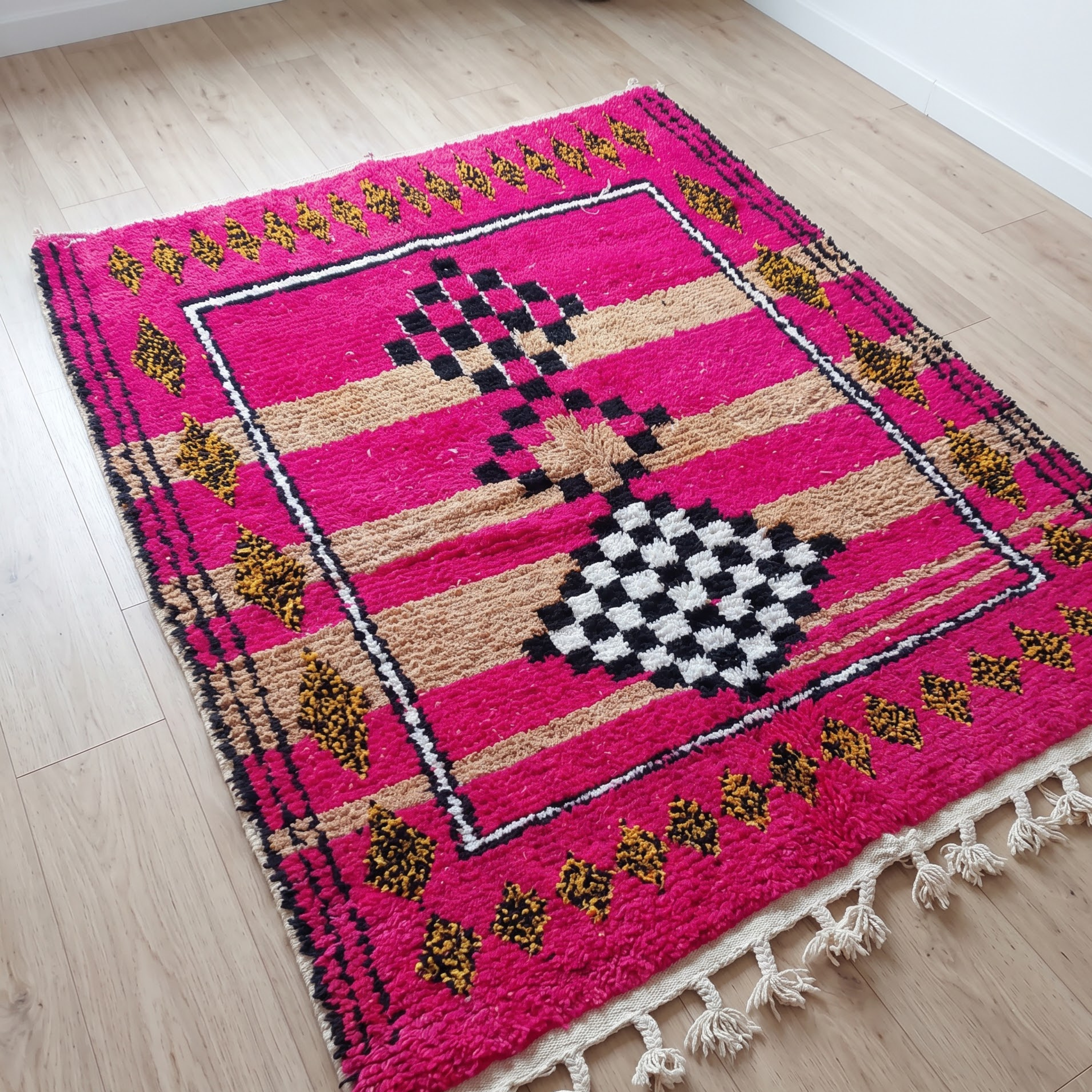 Handmade Moroccan Azilal Wool Rug – Hot Pink & Sand Checkerboard Totem Shag Rug
