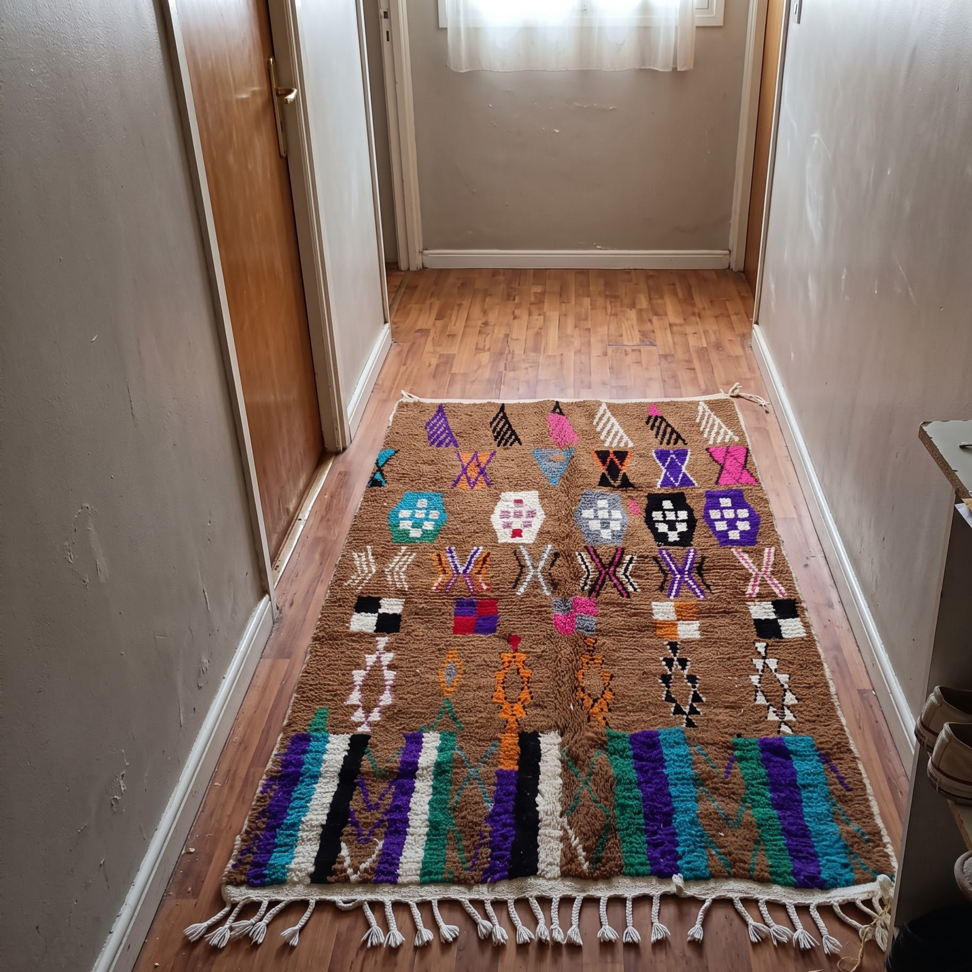 Handmade Moroccan Azilal Wool Rug – Cocoa Brown Shag with Multicolor Tribal Symbols