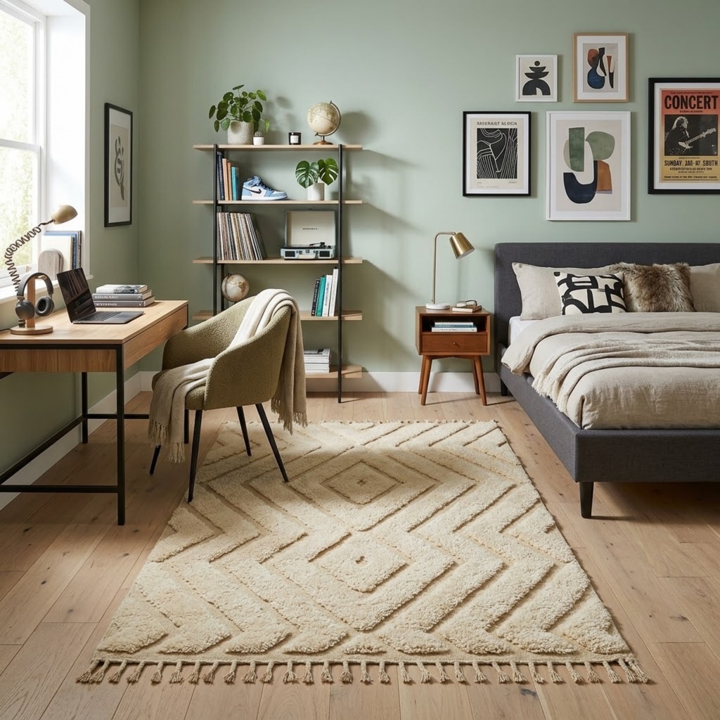Handmade Moroccan Wool Rug Beni Ourain Style | High-Low 3D Textured Diamond & Chevron Pattern in Sand Beige