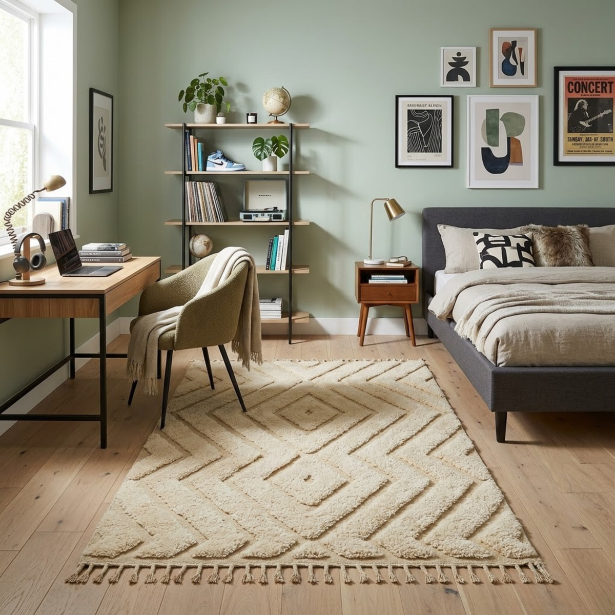Handmade Moroccan Wool Rug Beni Ourain Style | High-Low 3D Textured Diamond & Chevron Pattern in Sand Beige