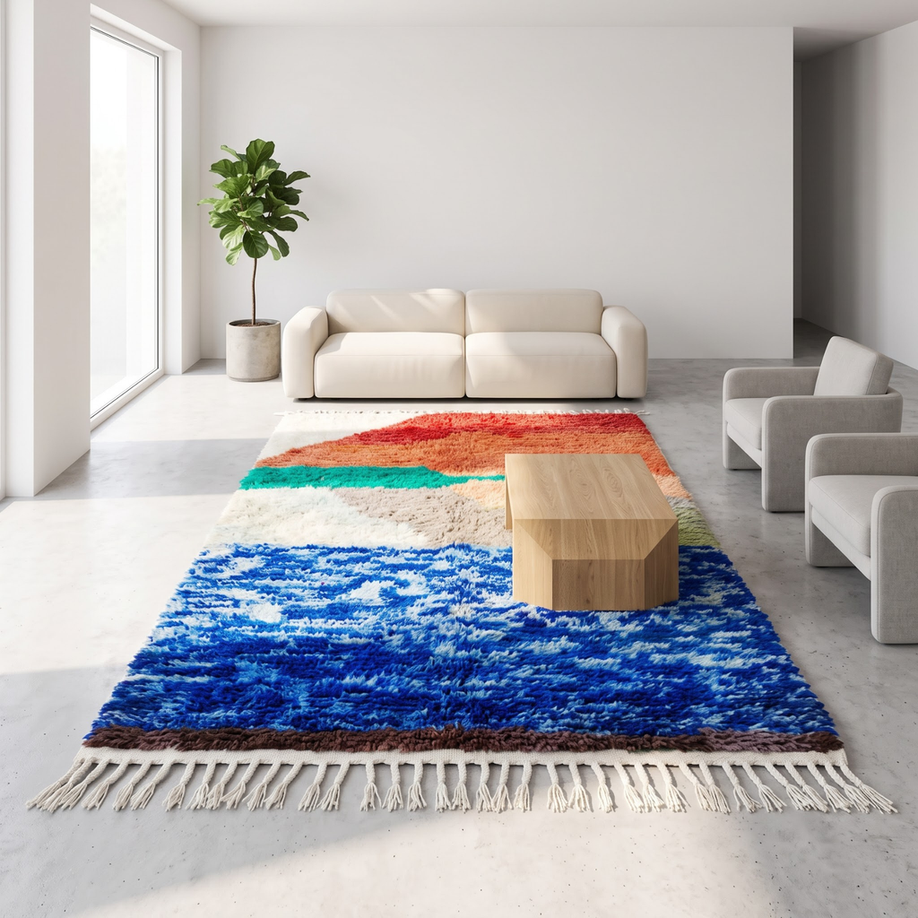 Handmade Moroccan Wool Rug Abstract Sunset Landscape | Artisanal Atlas Berber Shag Carpet
