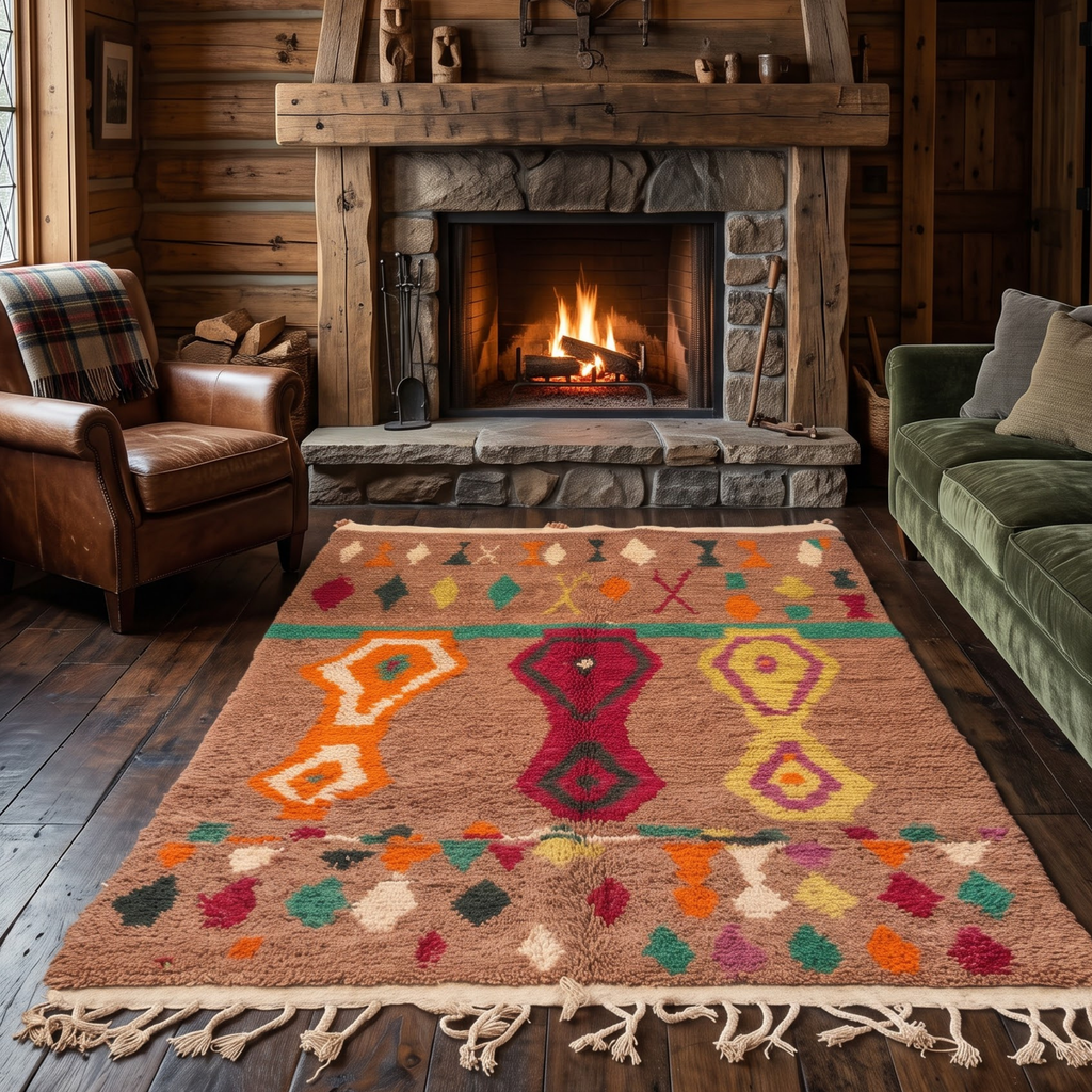 Handmade Moroccan Wool Rug Azilal / Boujaad Style | Mocha Brown Field with Tribal Urn & Talisman Motifs Atlas Carpet