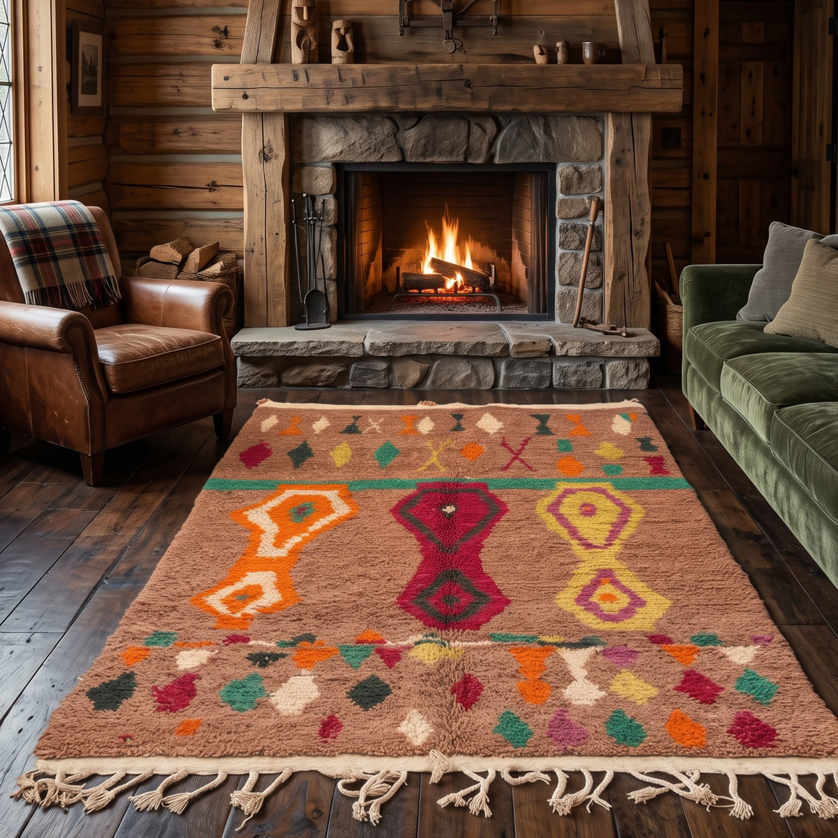 Handmade Moroccan Wool Rug Azilal / Boujaad Style | Mocha Brown Field with Tribal Urn & Talisman Motifs Atlas Carpet