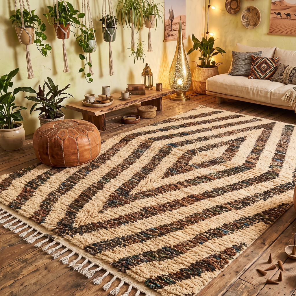 Handmade Moroccan Wool Rug Concentric Heathered Diamond Pattern | Natural Earth Tone Atlas Berber Carpet