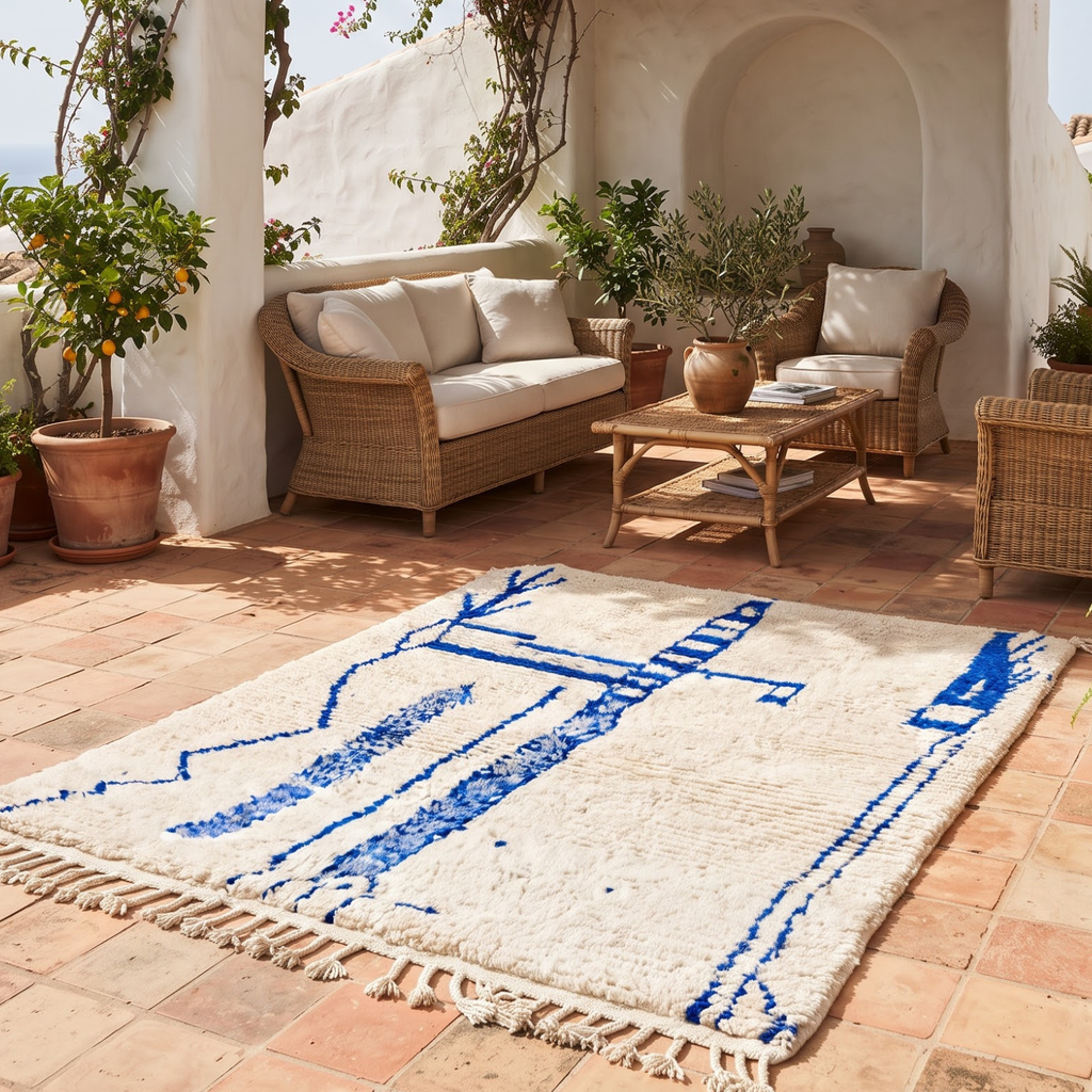 Handmade Moroccan Wool Rug Azilal Style | Cobalt Majorelle Blue Abstract Motifs on Cream Atlas Carpet