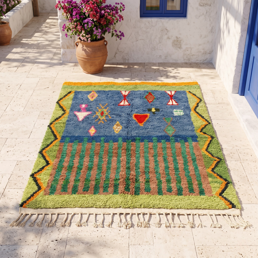 Handmade Moroccan Wool Rug Azilal Style | Starry Atlas Night Sky with Tribal Symbols in Indigo & Green
