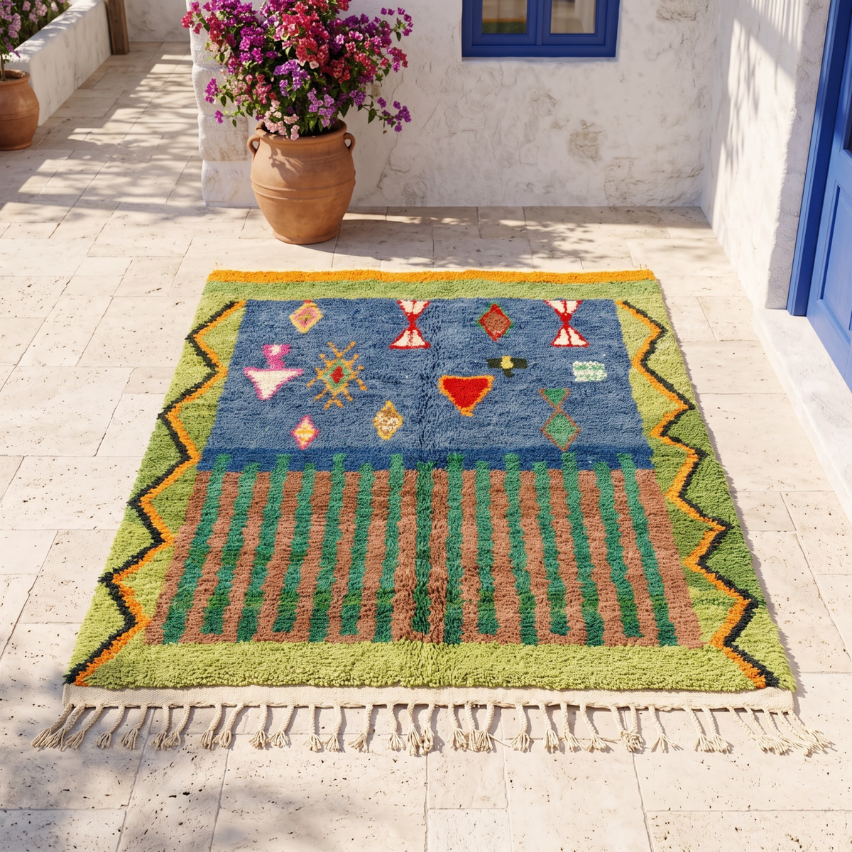 Handmade Moroccan Wool Rug Azilal Style | Starry Atlas Night Sky with Tribal Symbols in Indigo & Green