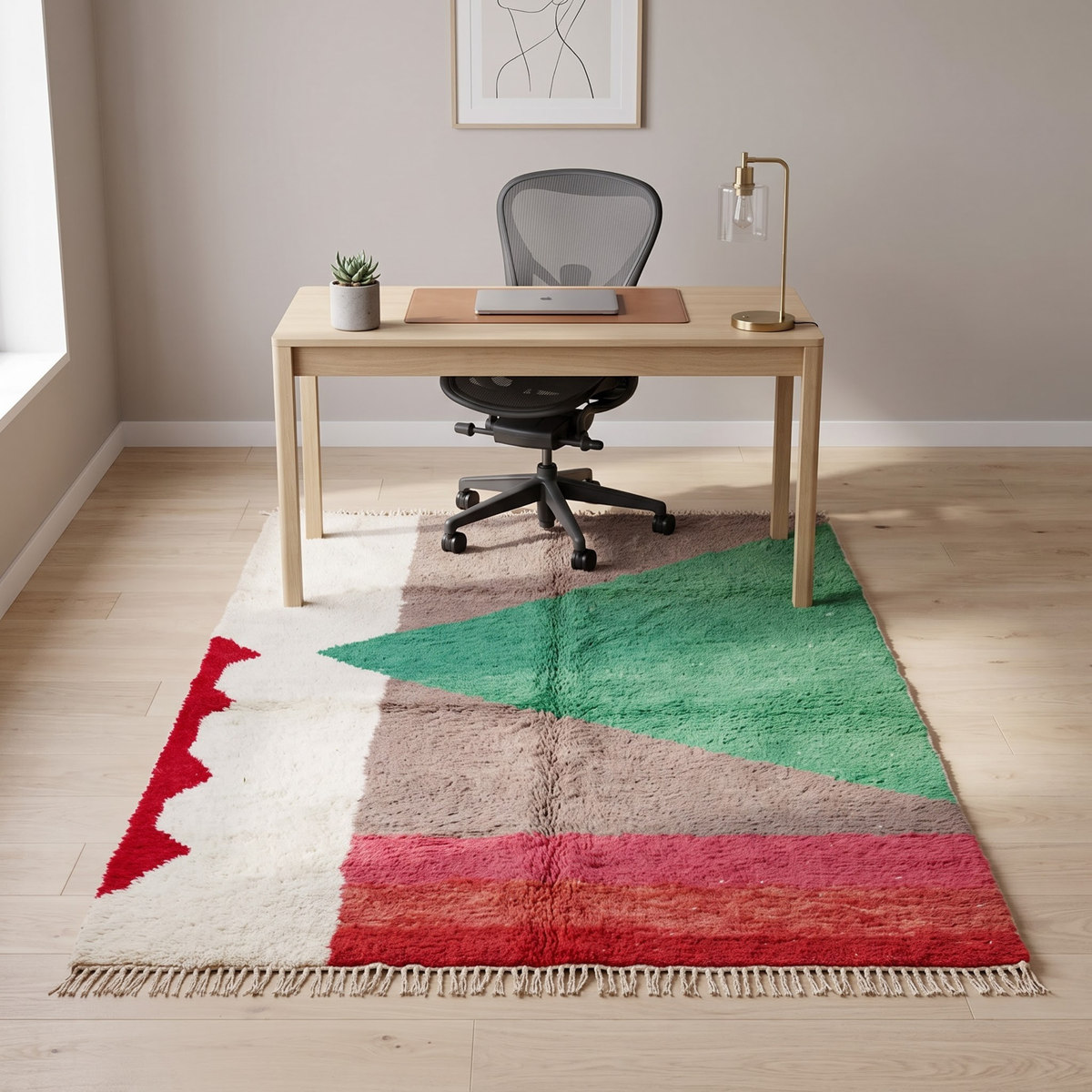 Handmade Moroccan Wool Rug Boujaad / Azilal Style | Abstract Color Block in Forest Green, Taupe & Terracotta Atlas Carpet