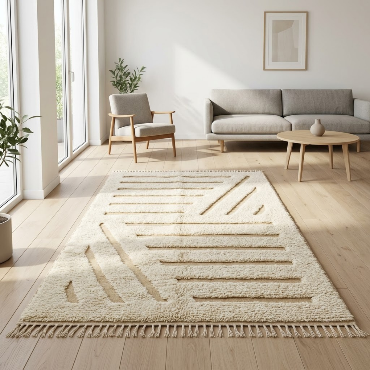Handmade Moroccan Wool Rug Beni Ourain Style | High-Low 3D Geometric Linear Pattern in Cream & Sand