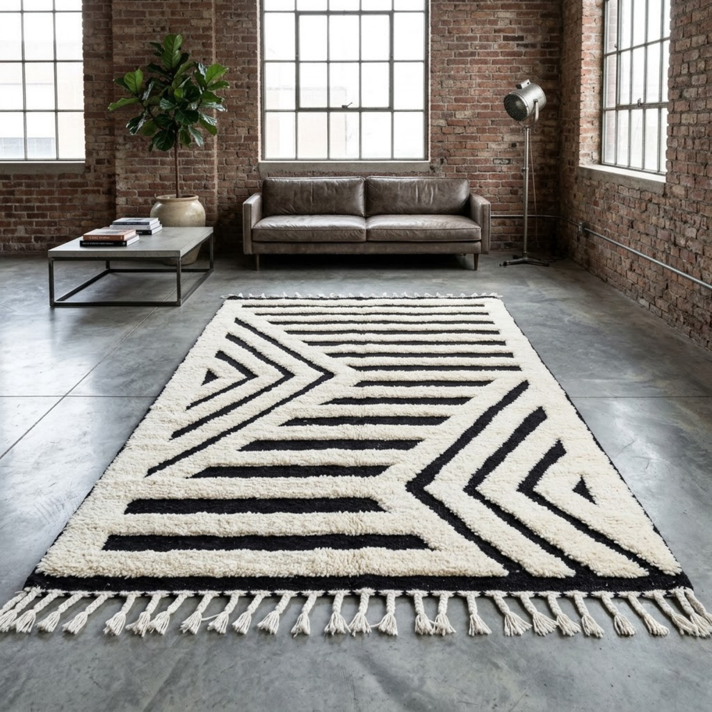Handmade Moroccan Wool Rug Contemporary Beni Ourain Style | Black & White Striped Chevron Geometric Atlas Carpet