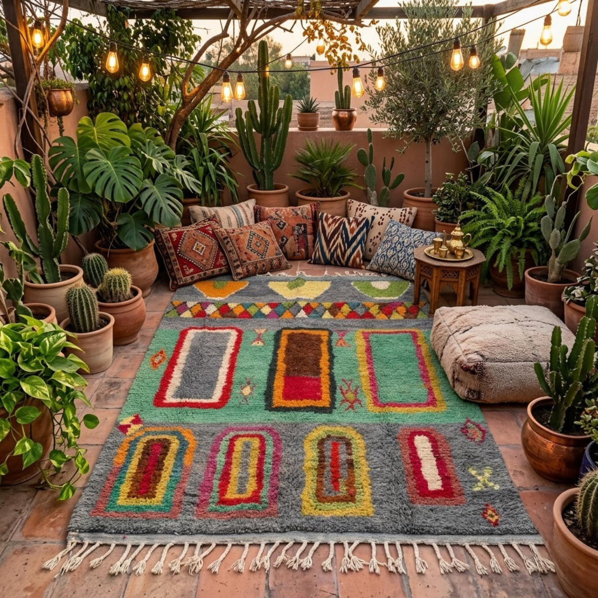 Handmade Moroccan Wool Rug Azilal Style | Architectural Portals & Arches in Slate Grey & Mint Green Atlas Carpet