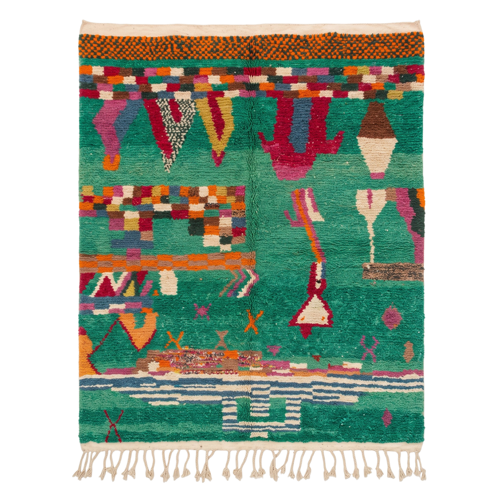 Handmade Moroccan Wool Rug Azilal Style | Emerald Green with Multicolor Tribal Berber Symbols Atlas Carpet