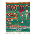Handmade Moroccan Wool Rug Azilal Style | Emerald Green with Multicolor Tribal Berber Symbols Atlas Carpet