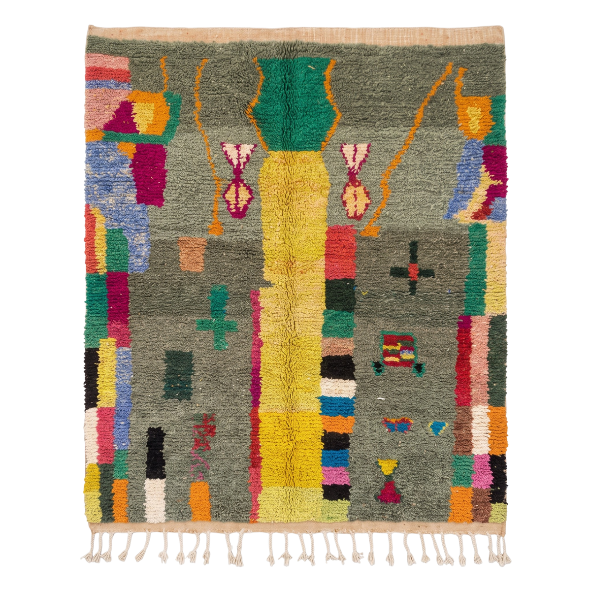 Handmade Moroccan Wool Rug Azilal Style | Sage Olive Green with Tree of Life & Berber Motifs Atlas Carpet