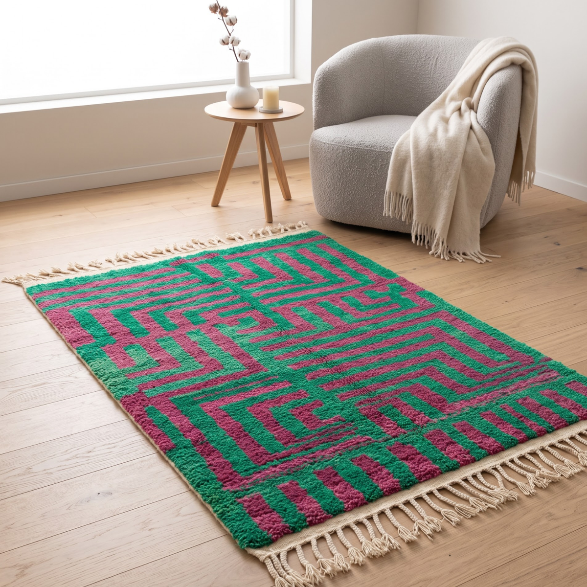 Handmade Moroccan Wool Rug Boujaad / Azilal Style | Emerald Green & Magenta Geometric Maze Atlas Carpet
