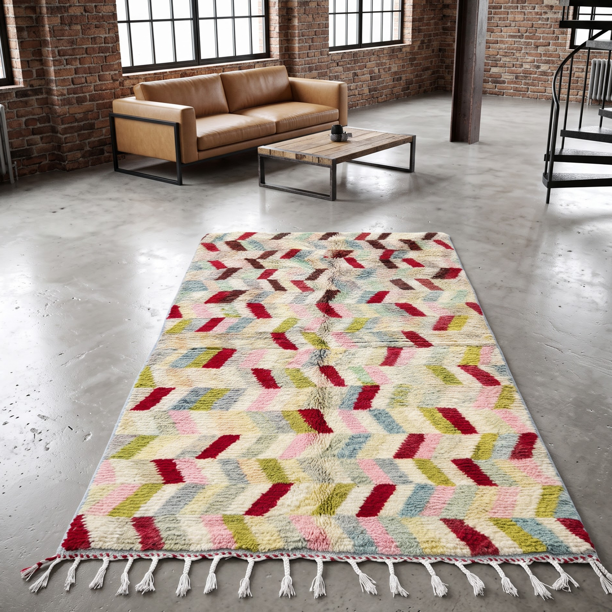 Handmade Moroccan Wool Rug Azilal / Boujaad Style | Multicolor Herringbone Chevron Pattern Atlas Carpet