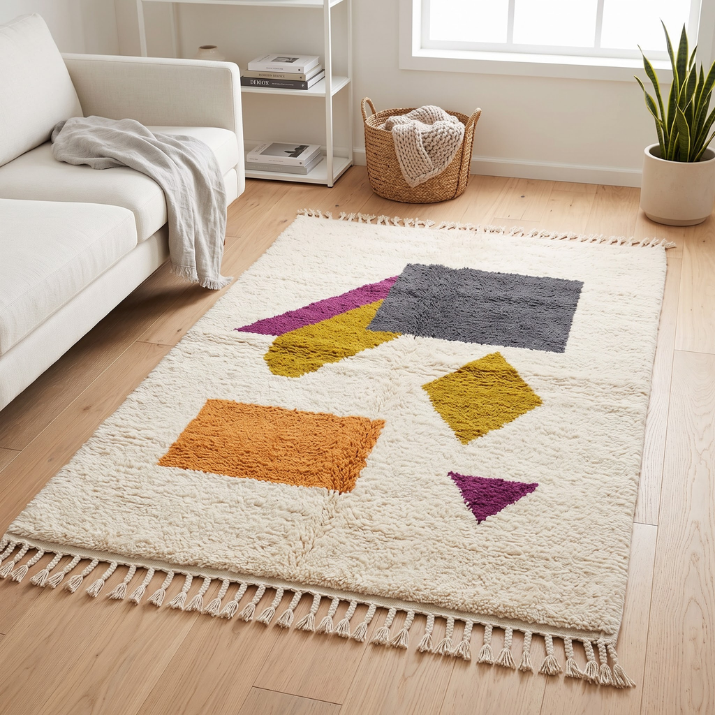 Handmade Moroccan Wool Rug Abstract Geometric Color Block | Modern Bauhaus Inspired Atlas Berber Carpet