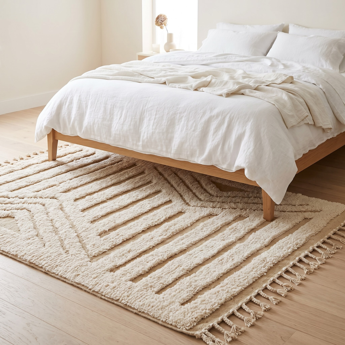 Handmade Moroccan Wool Textured Rug | High-Low Geometric Cream & Sand Atlas Berber Carpet