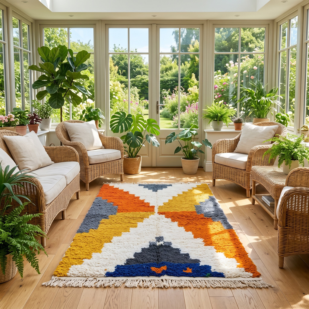 Handmade Moroccan Wool Rug Azilal Style | Stepped Geometric Diamond in Terracotta, Mustard & Slate Grey Atlas Carpet