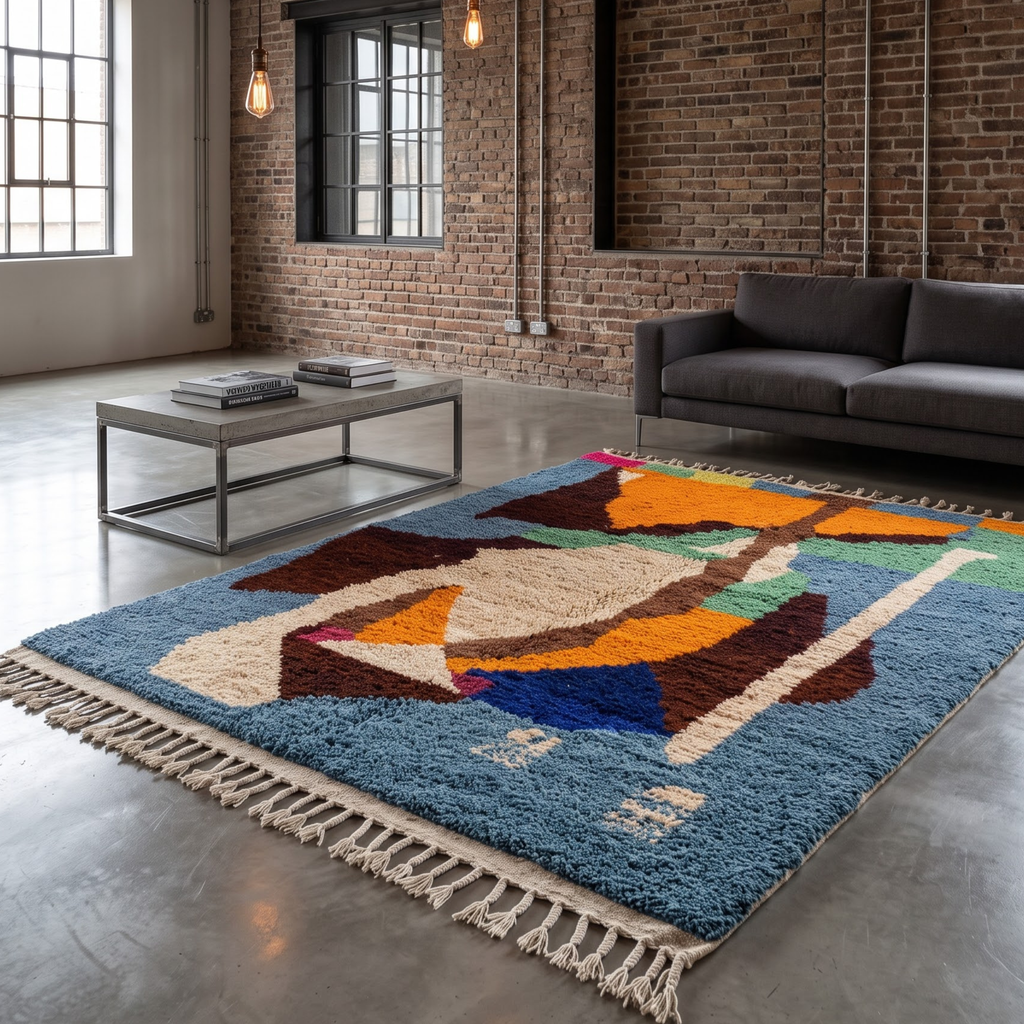 Handmade Moroccan Wool Rug Azilal Style | Abstract Cubist Art Composition in Denim Blue, Ochre & Sage Atlas Carpet