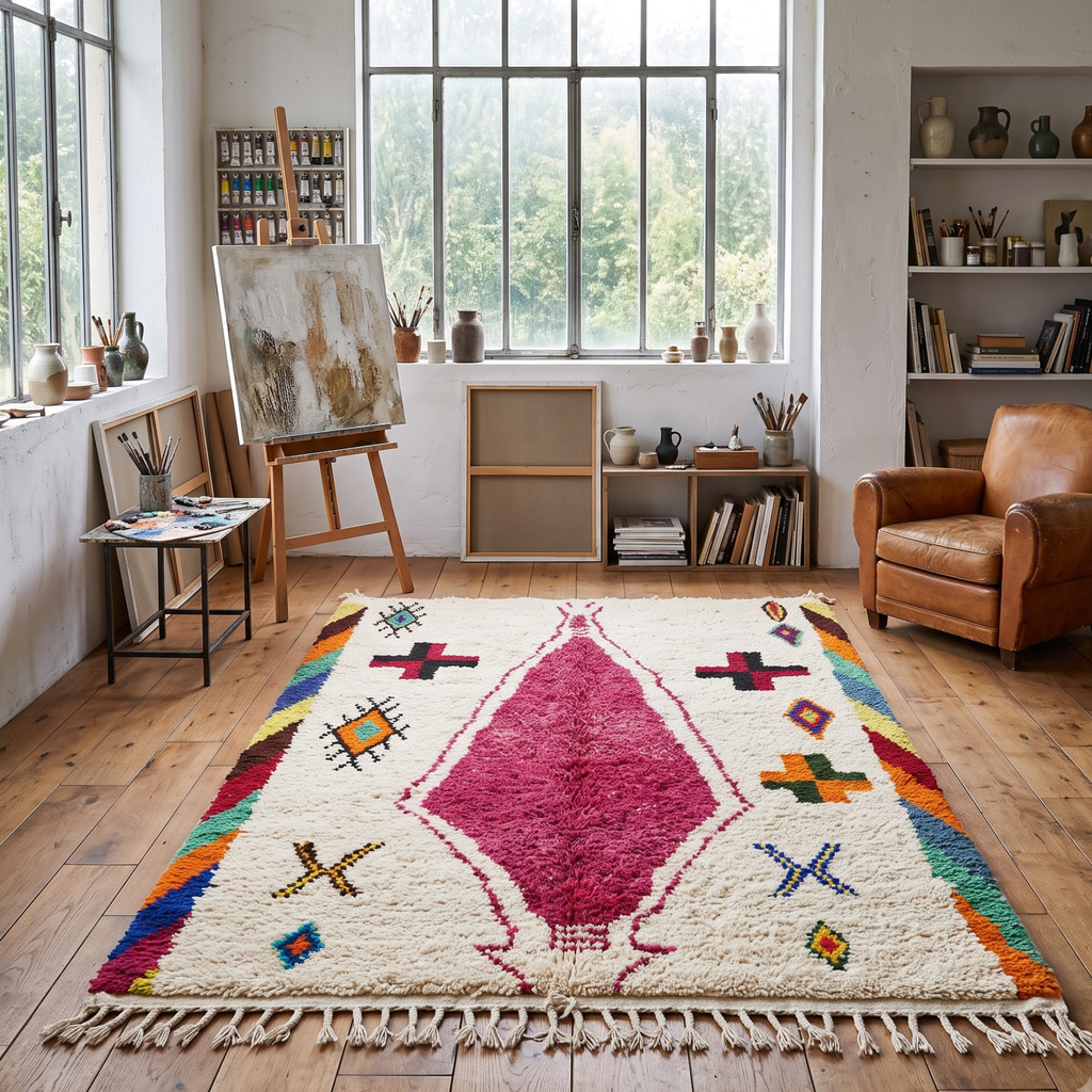 Handmade Moroccan Wool Rug Azilal Style | Magenta Centerpiece & Tribal Cross Symbols on Cream Atlas Carpet