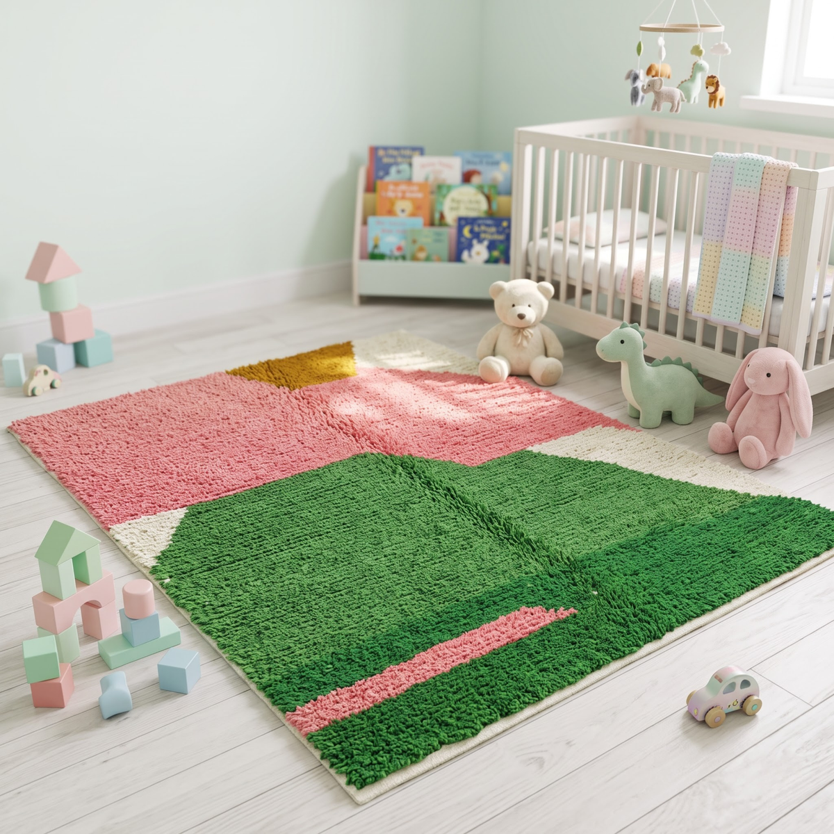Handmade Moroccan Wool Rug Azilal Style | Abstract Organic Color Block in Blush Pink, Green & Mustard Atlas Carpet